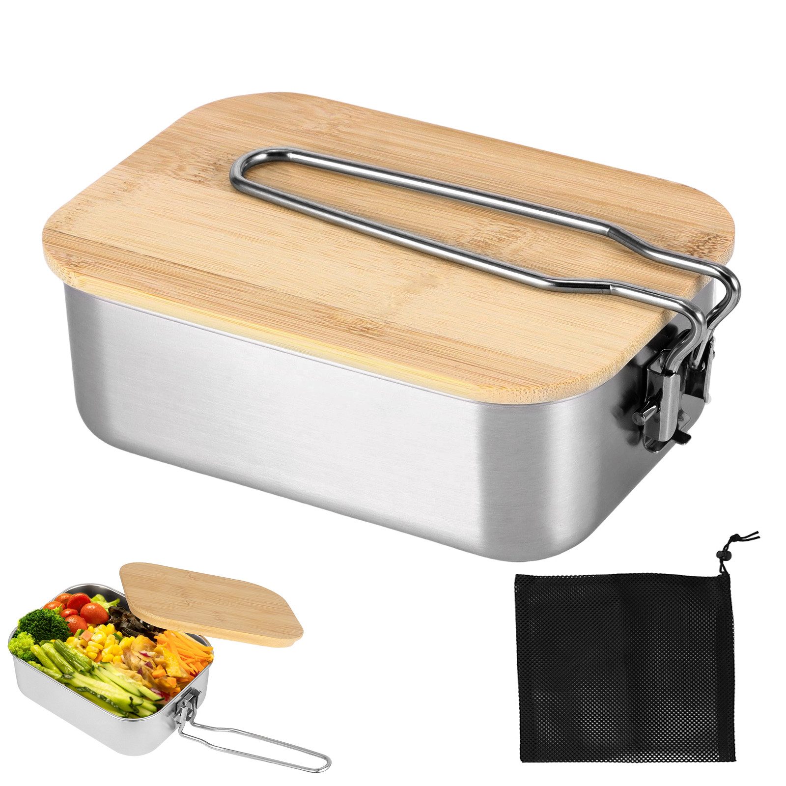 BlingBin Lunchbox 900/1400 ml Edelstahl-Lunchbox,Auslaufsichere Bento-Box mit Abtrennung, Edelstahl, (1er Set, 1-tlg., mit Bambusdeckel und einklappbarem Bügelgriff), Brotdose 17x12x6 cm für Camping, Picknick und unterwegs, Silber/Natur