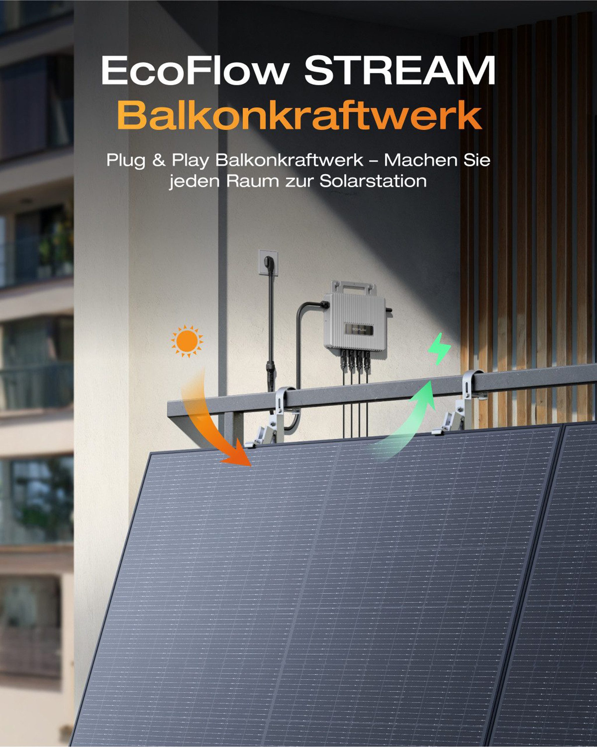 EcoFlow Stream Mikro-Wechselrichter 800 W – Balkonkraftwerk Plug-&-Play Mit 2× MPPT, IP67, WLAN & Bluetooth, Inkl. 5 M Anschlusskabel + 4× 1 M Solarkabel-Verlängerungen