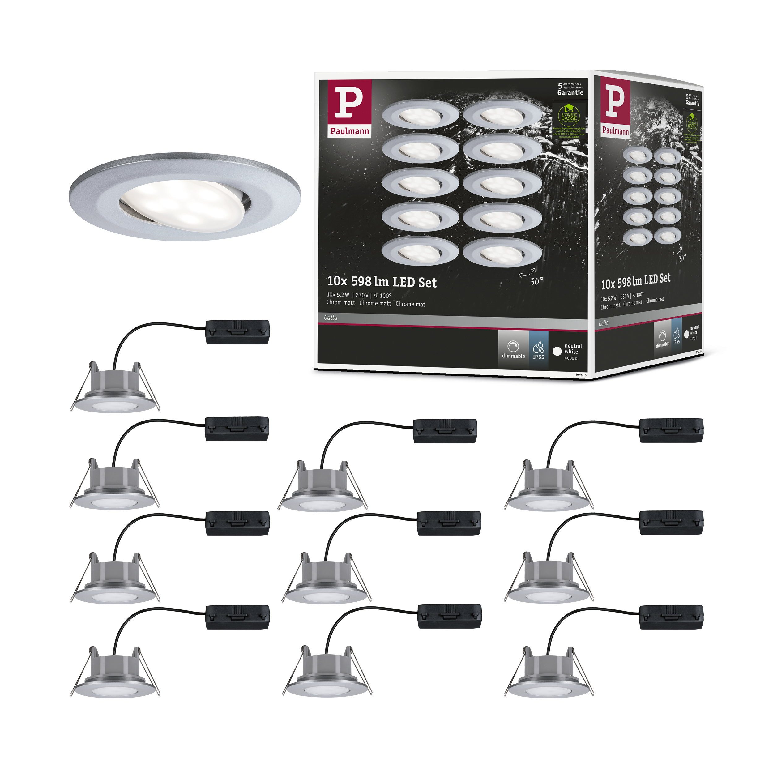 Paulmann LED Wandleuchte LED Einbauleuchte Calla Basisset schwenkbar IP65 rund 90 mm 30° 10x5,2