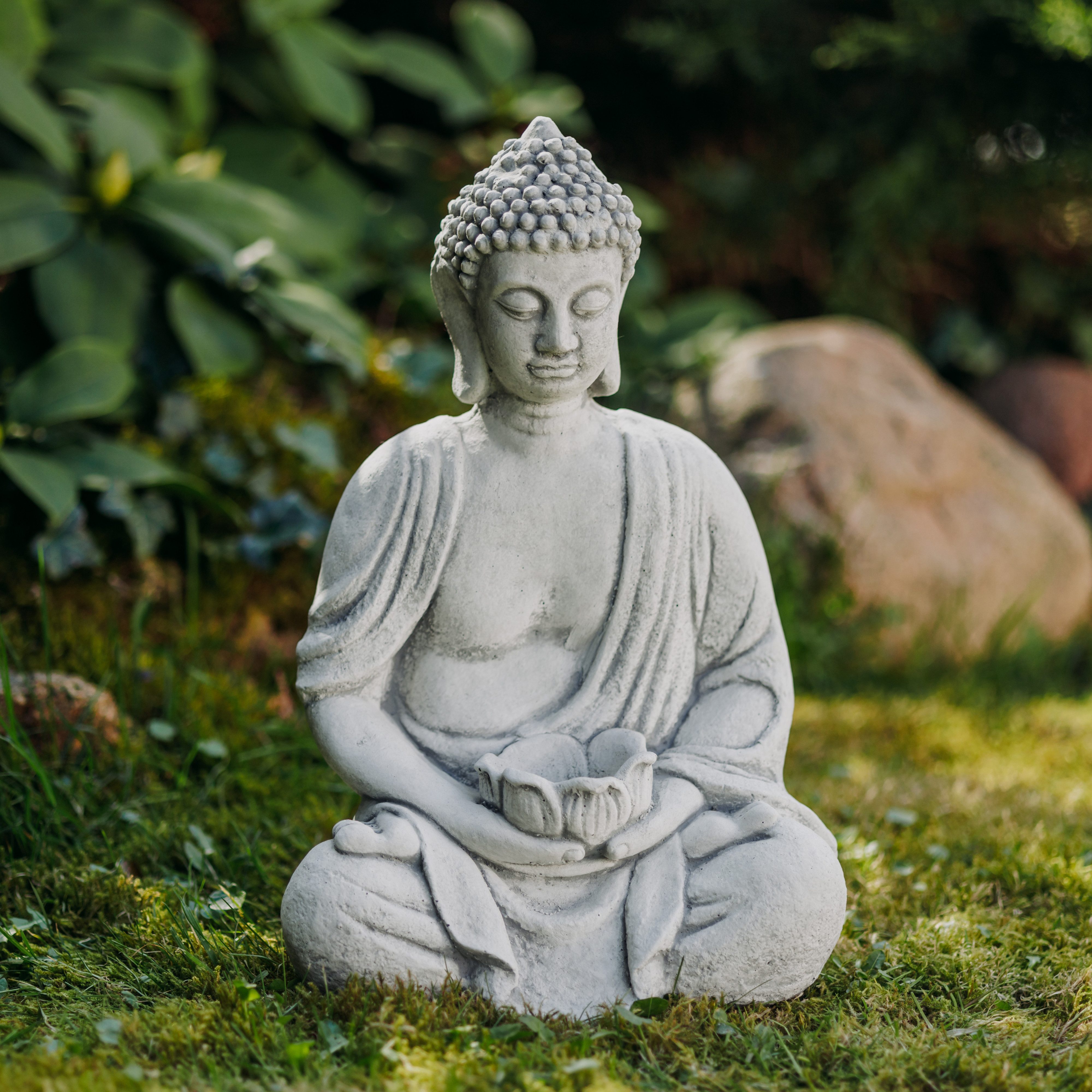 gartendekoparadies.de Gartenfigur Buddha mit Schale, Steinfigur, H. 38 cm, 11 kg, Frostsicher