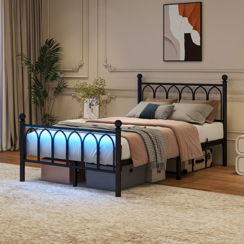 BBWL Bettgestell LED-Beleuchtung, USB-Ladestation, Duty Stahllamellen, Boxspringfrei, Metall Bettrahmen mit Vintage Kopf- und Fußteil, Unterbett-Speicher