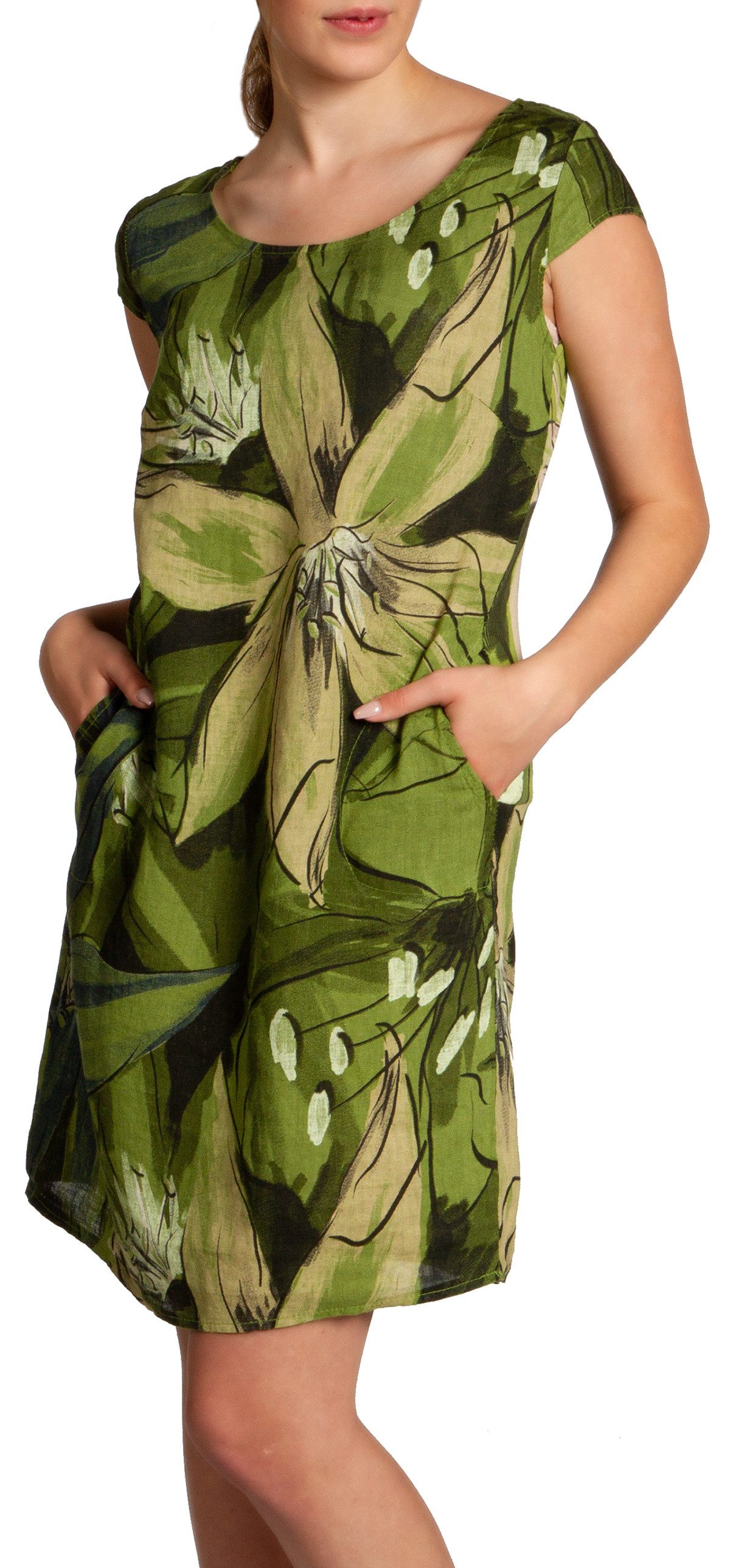 Sommerkleid SKL035 knielanges elegantes Damen Leinenkleid mit Blüten Print