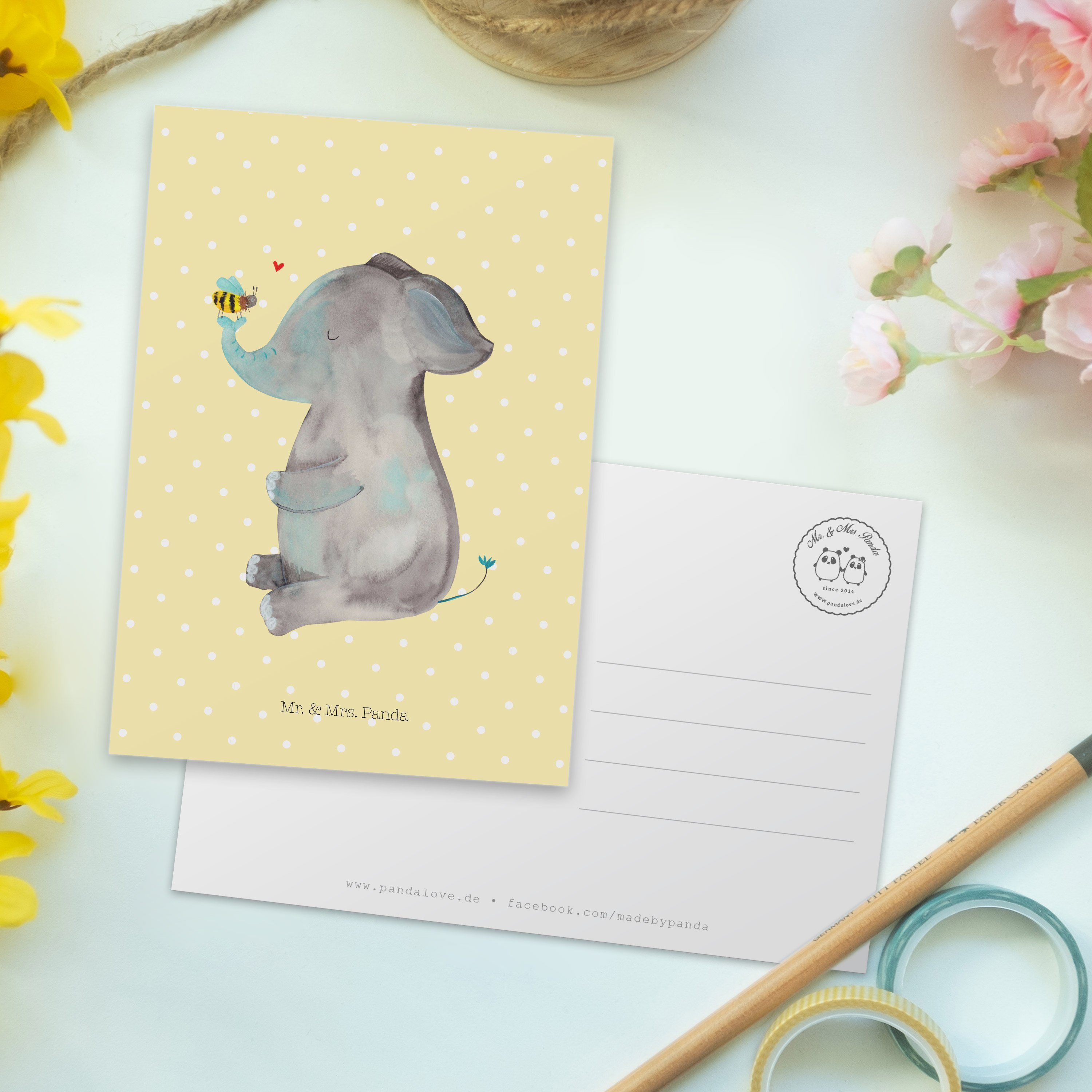 Mr. & Mrs. Panda Postkarte Jahrestag, Einladungskarte Biene - Geschenk, - Gelb & Pastell Elefant