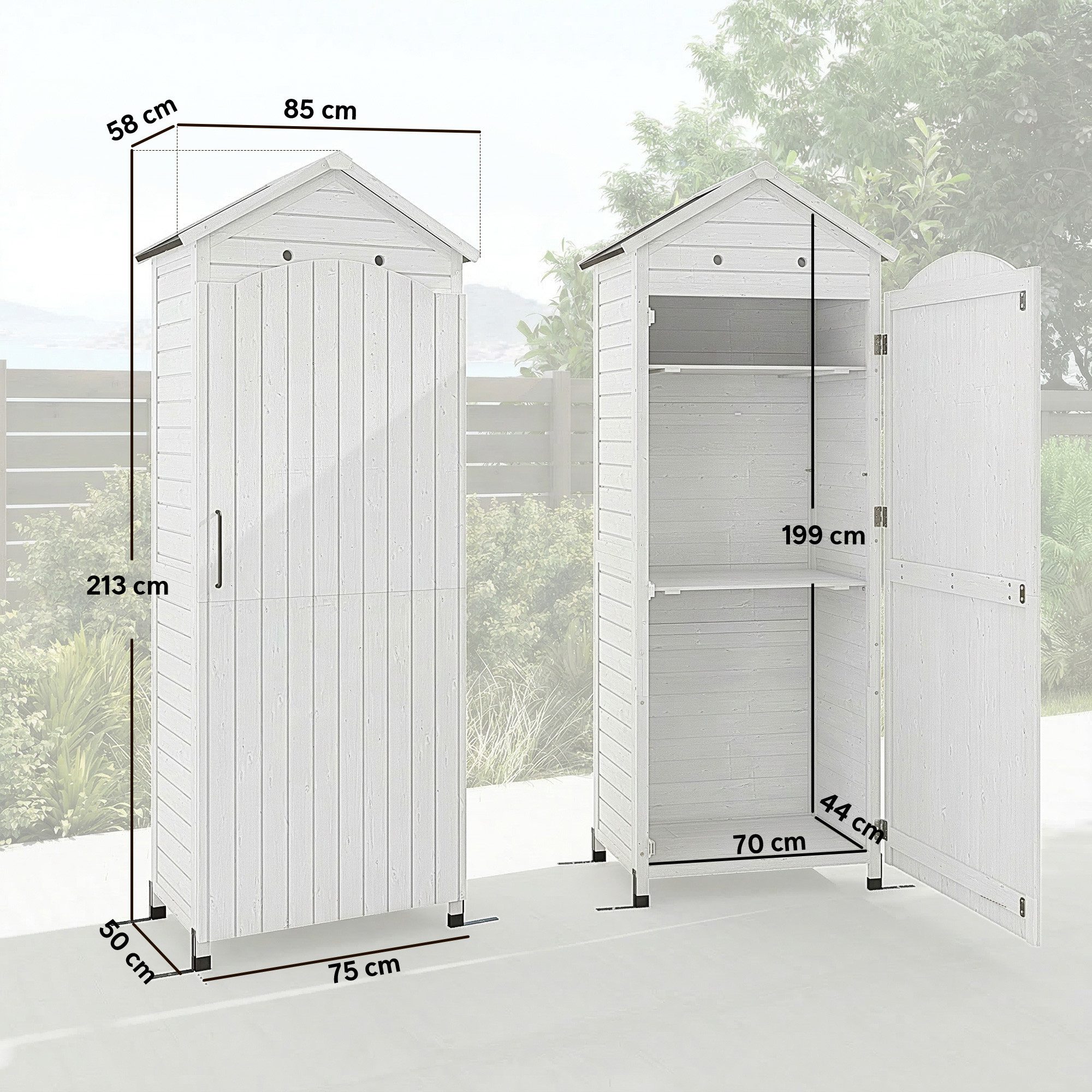 Outsunny Gerätehaus mit verstellbar Ablage, magnetisch Tür, galvanisiert Dach, Belüftung, BxT: 85x58 cm, (Gartenschrank, 1 St., Geräteschuppen), für Garten Terrasse Weiß
