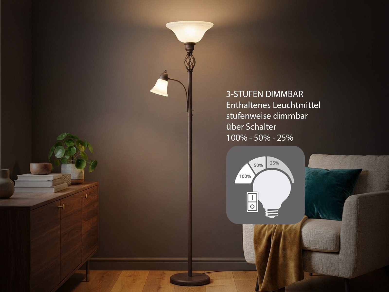 TRIO Leuchten LED Deckenfluter mit Leselampe & Glasschirm, Höhe 180cm, dimmbar, LED wechselbar, Warmweiß, große Stehlampe zum Lesen, Landhausstil Wohnzimmer Lam – Bild 4 von 5