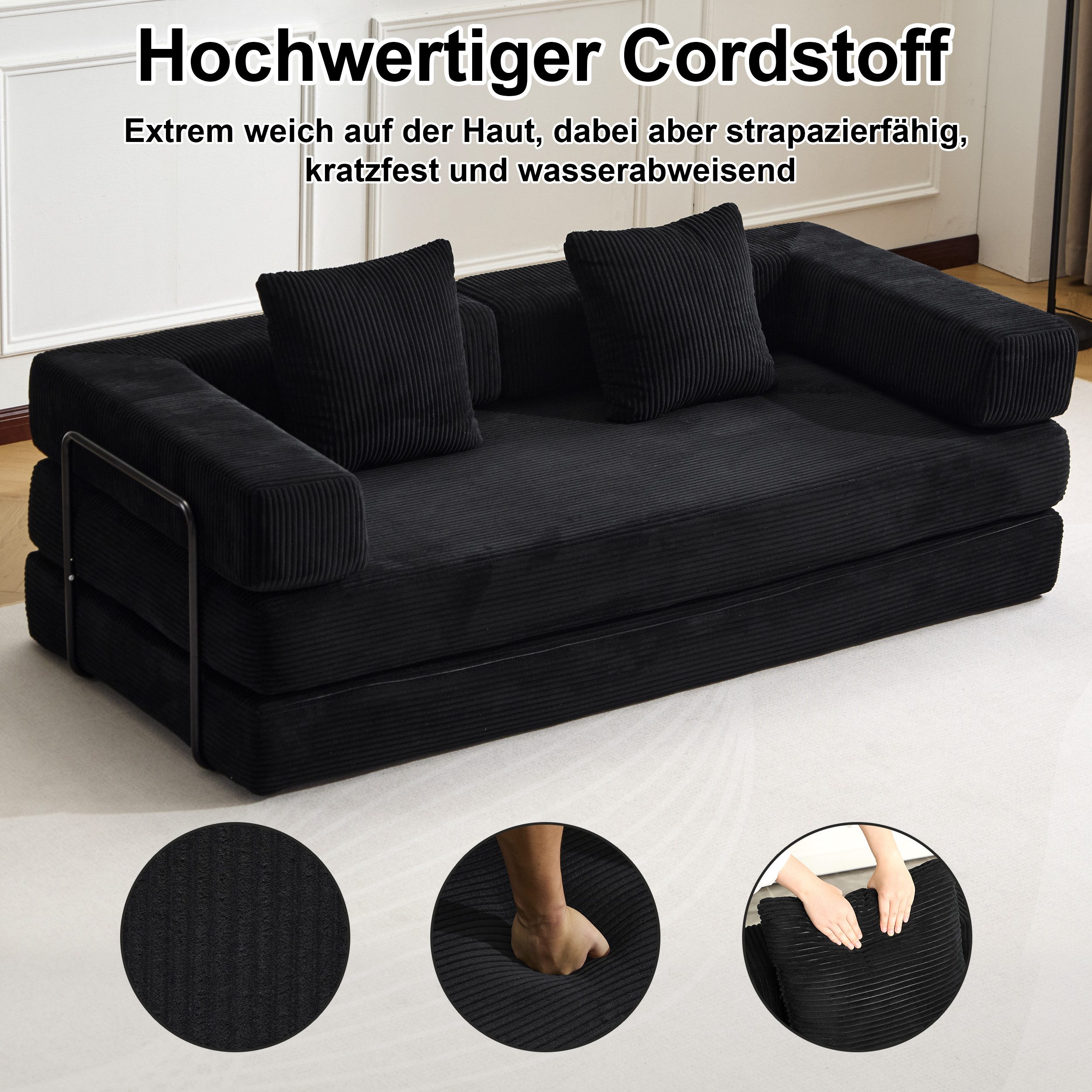 Leawin Loungesofa Faltbares Schlafsofa, bequemes Cord Bodensofa für kleine Räume, 4-in-1 Klappsofa für Wohnzimmer, Schlafzimmer, Büro oder Gäste