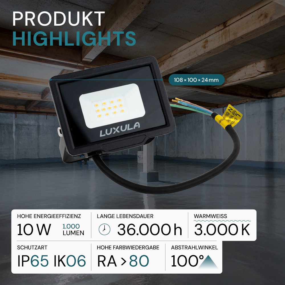 LUXULA LED Flutlichtstrahler LUXULA LED Fluter 10 W 3000 K Warmweiß Schwarz, LED fest integriert, Warmweiß