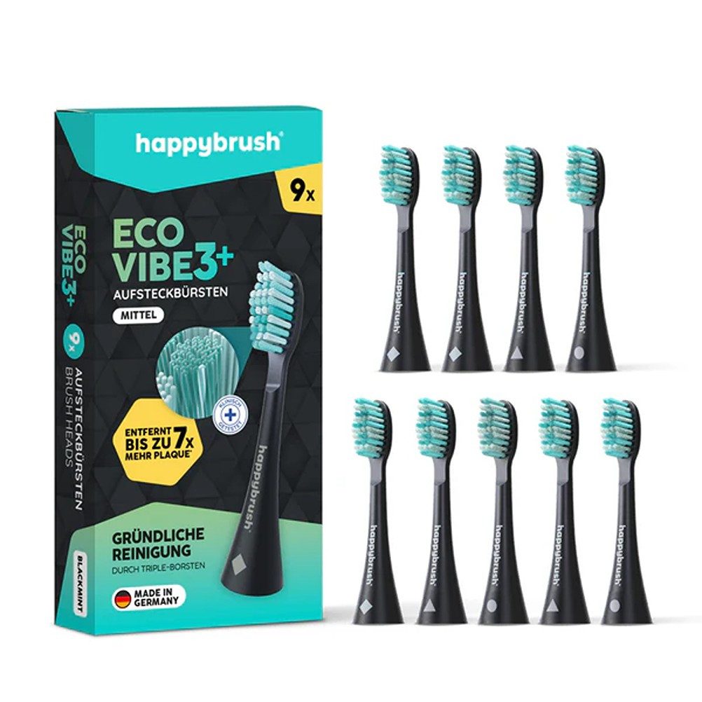 happybrush Aufsteckbürsten V3 Black-Mint - mit Wechselindikator - 9 Stück - Spar-Set, für happybrush Eco Vibe 3, hochwertige Triple-Borsten, Wechselindikator
