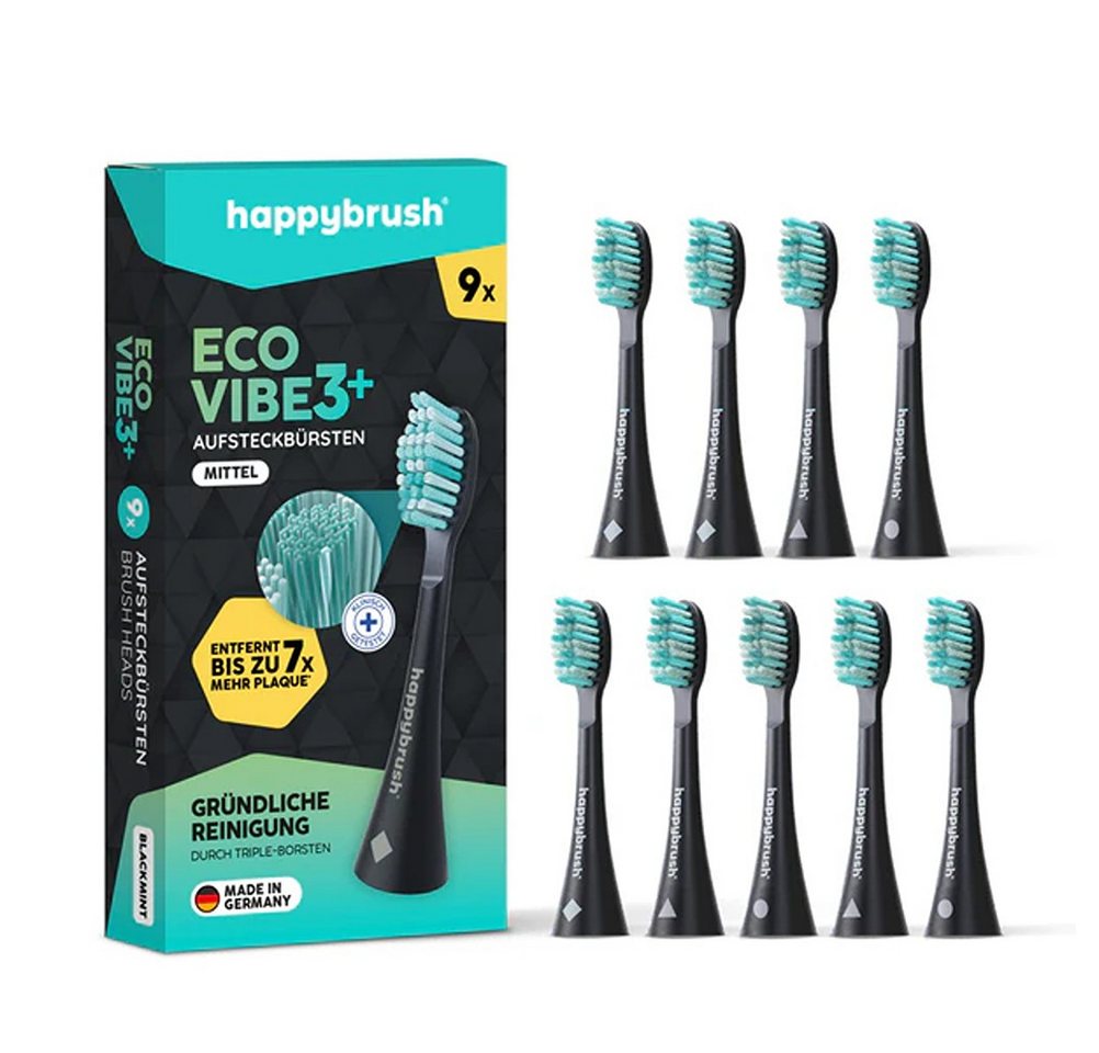 happybrush Aufsteckbürsten V3 Black-Mint - mit Wechselindikator - 9 Stück - Spar-Set, für happybrush Eco Vibe 3, hochwertige Triple-Borsten, Wechselindikator