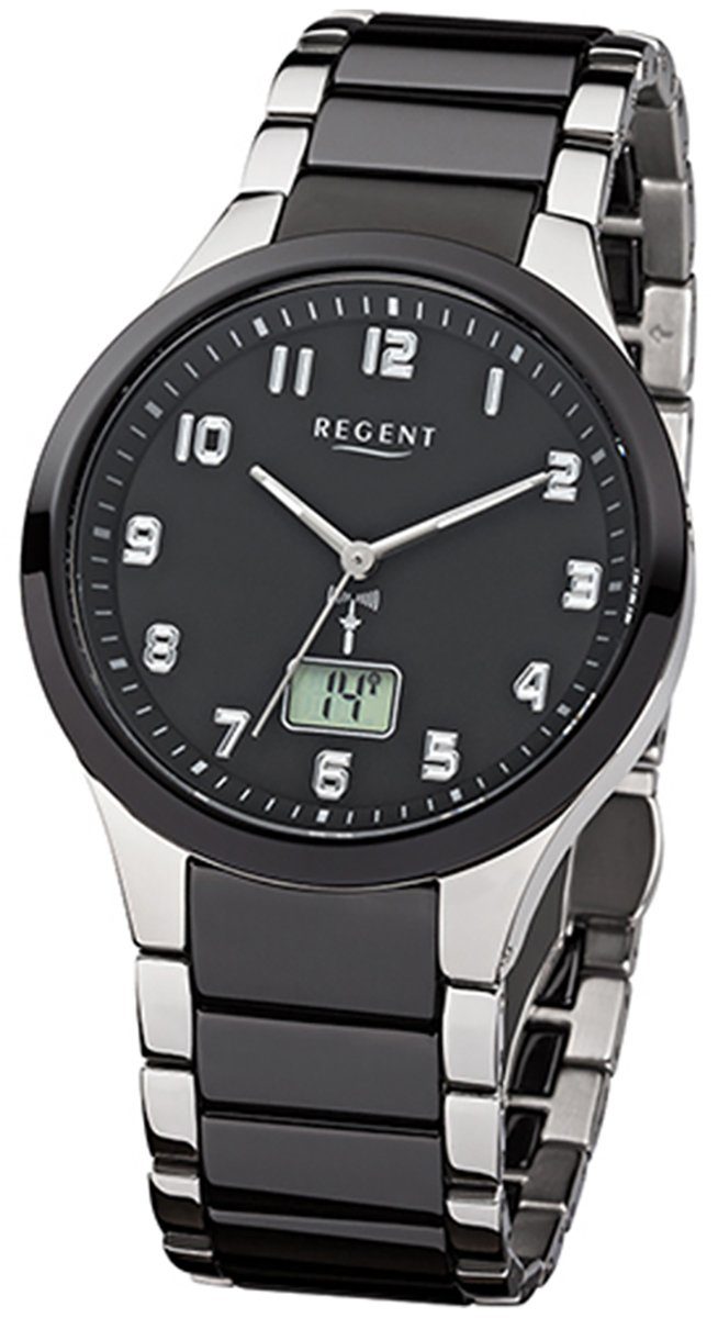 Regent Funkuhr Regent Herren-Armbanduhr schwarz silber, Herren Funkuhr  rund, groß (ca. 40mm), Stahl, Keramikarmband, Stahl-Keramik