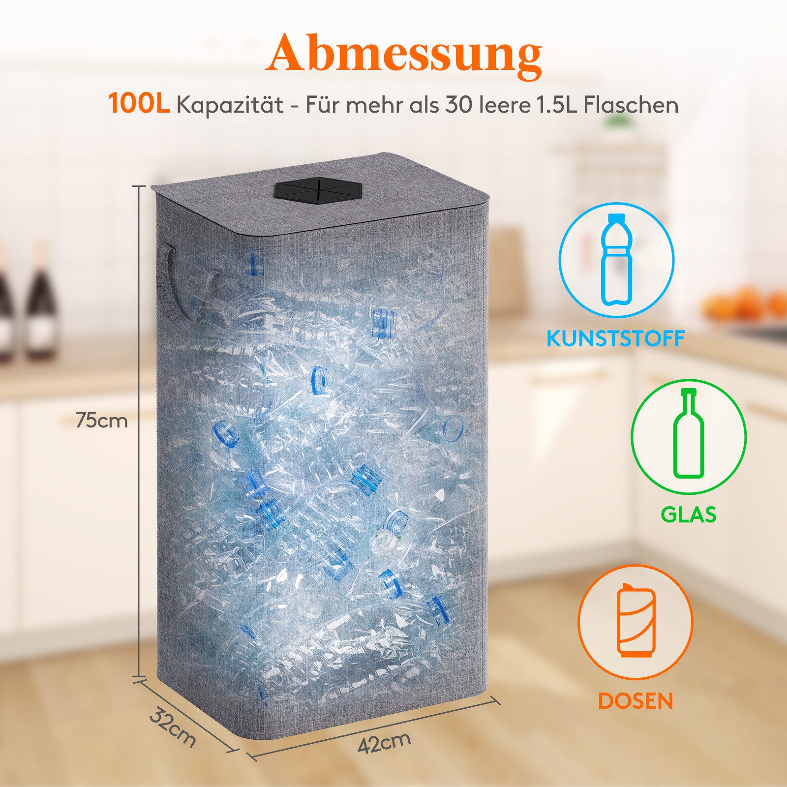 Lifewit Mülleimer Pfandflaschensammler mit Deckel Einwurfloch für Leergut Altglas Küche., 100l, Faltbar
