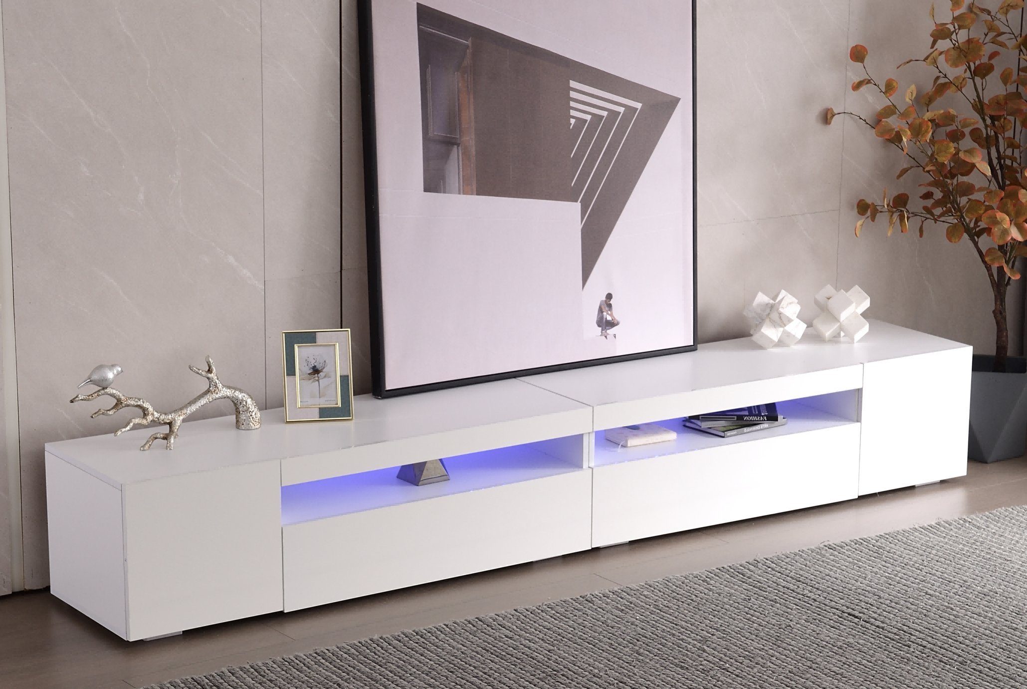 Merax Lowboard mit 16 Farben LED Beleuchtung, TV-Kommode, TV Schrank weiß  hochglanz, Fernsehtisch mit 2 Türen, 1 Klappe und 1 offenes Fach, B/H/T:240 /35/39cm