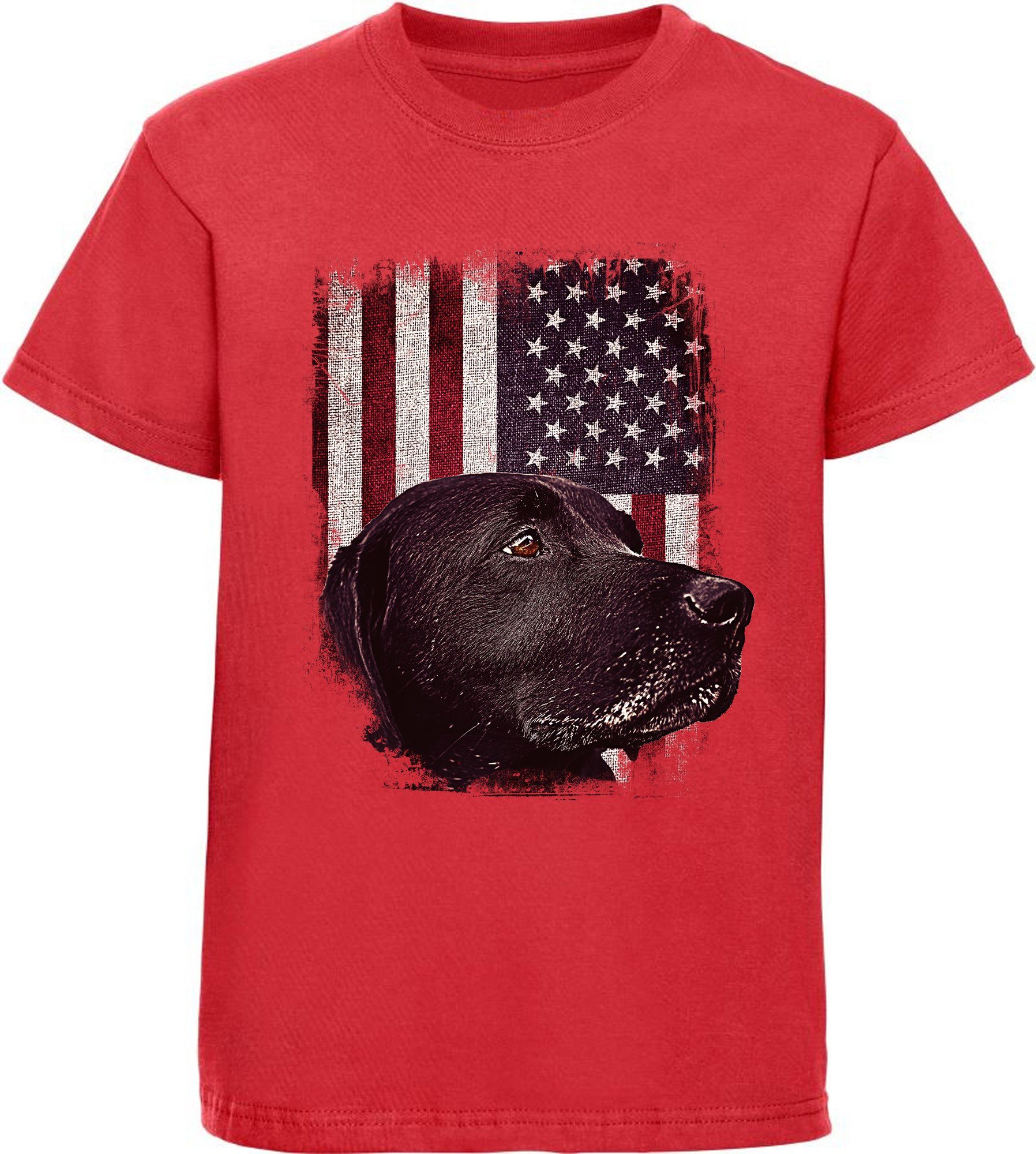 MyDesign24 T-Shirt Kinder Hunde - vor Aufdruck, Print Shirt rot i246 bedruckt Labrador schwarzer USA mit Flagge Baumwollshirt