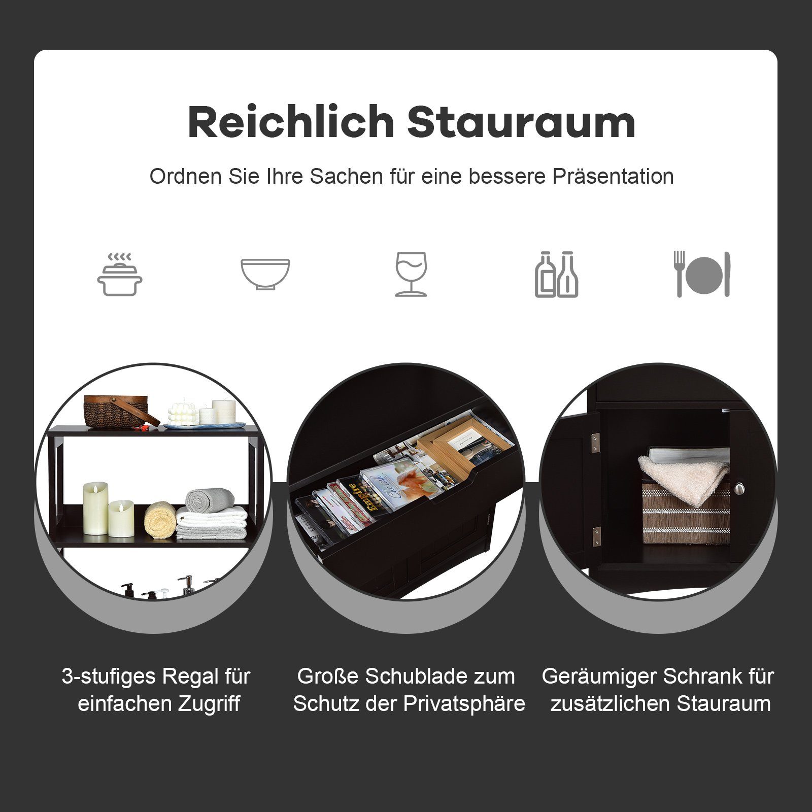 COSTWAY Mehrzweckschrank Bücherschrank mit Türen & 3 Regalen & Schublade