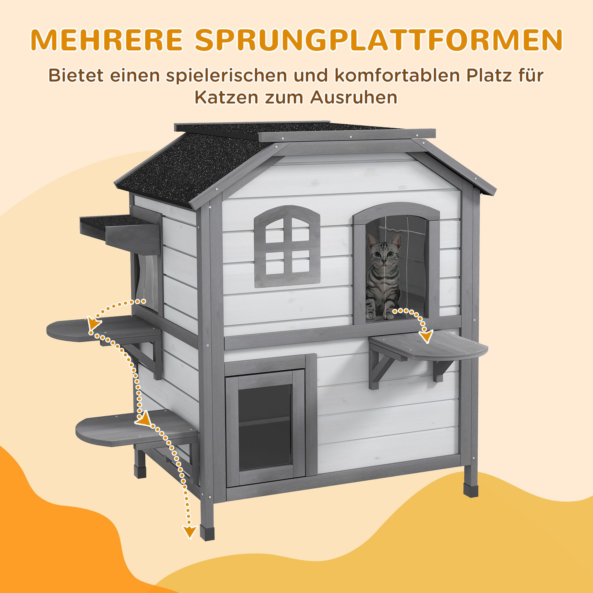 Cetipaw Katzenhaus Katzenhütte Katzenhöhle katzenkratzbaum, 2 Stockwerke, wetterbeständig, große Katzenhäuschen 99,5 cm x 76 cm x 91 cm, Weiß + Grau