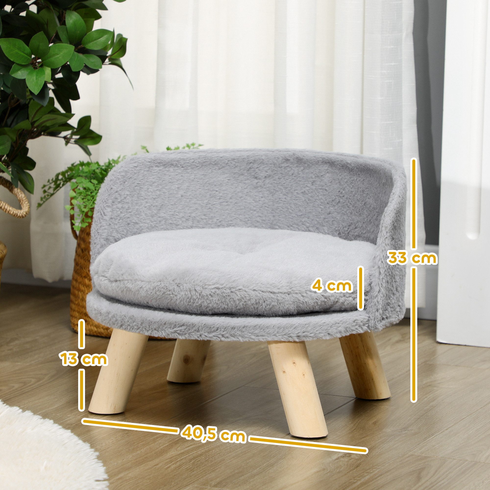PawHut Tierbett Hundesofa Hundecouch mit Kissen, Holzbeine, Plüsch, Grau Ø40.5 x 33 cm