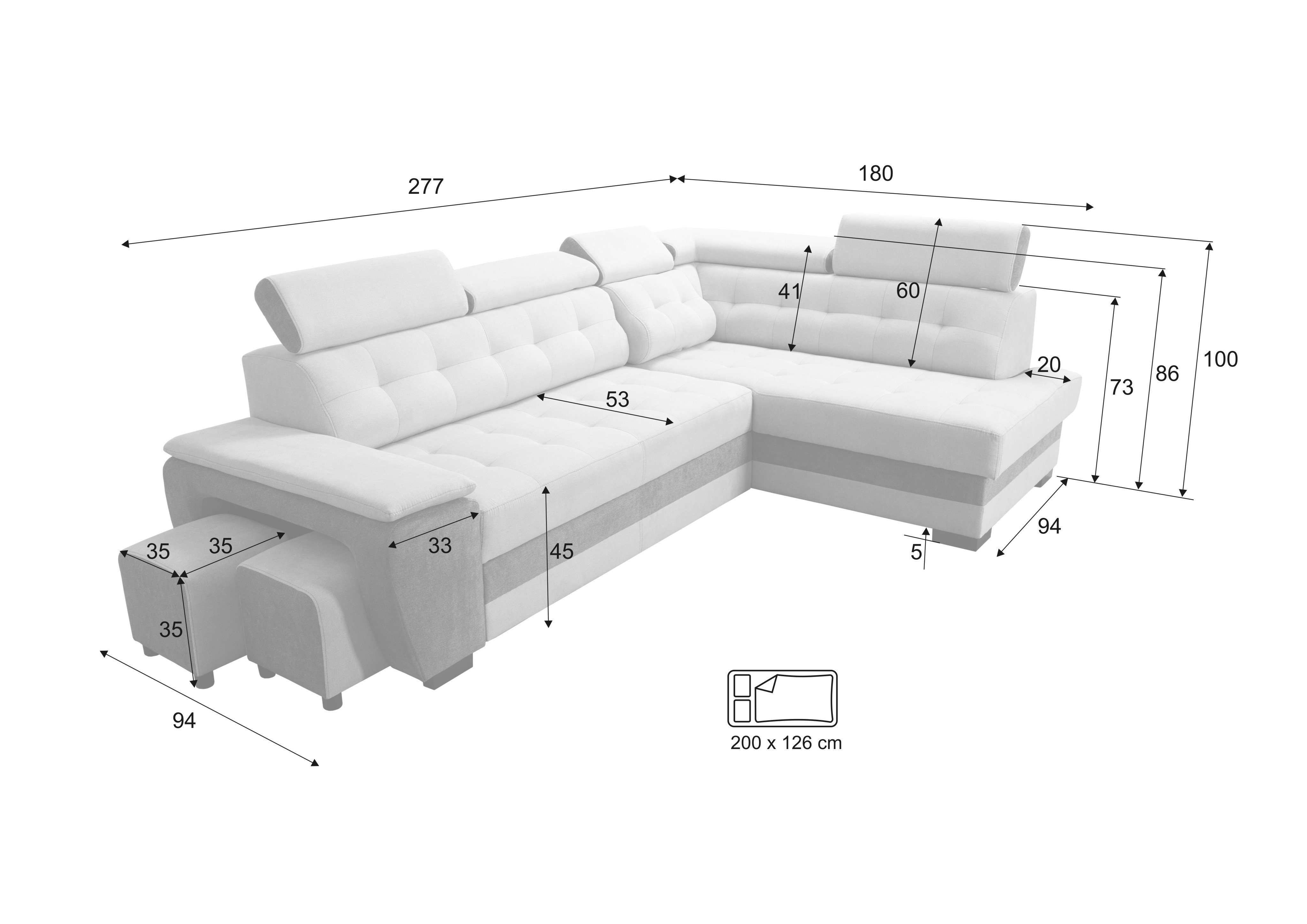 Kopfstützen Ecksofa robin Schlaffunktion BLACK+SILVER Grand mit Ecksofa Bettkasten