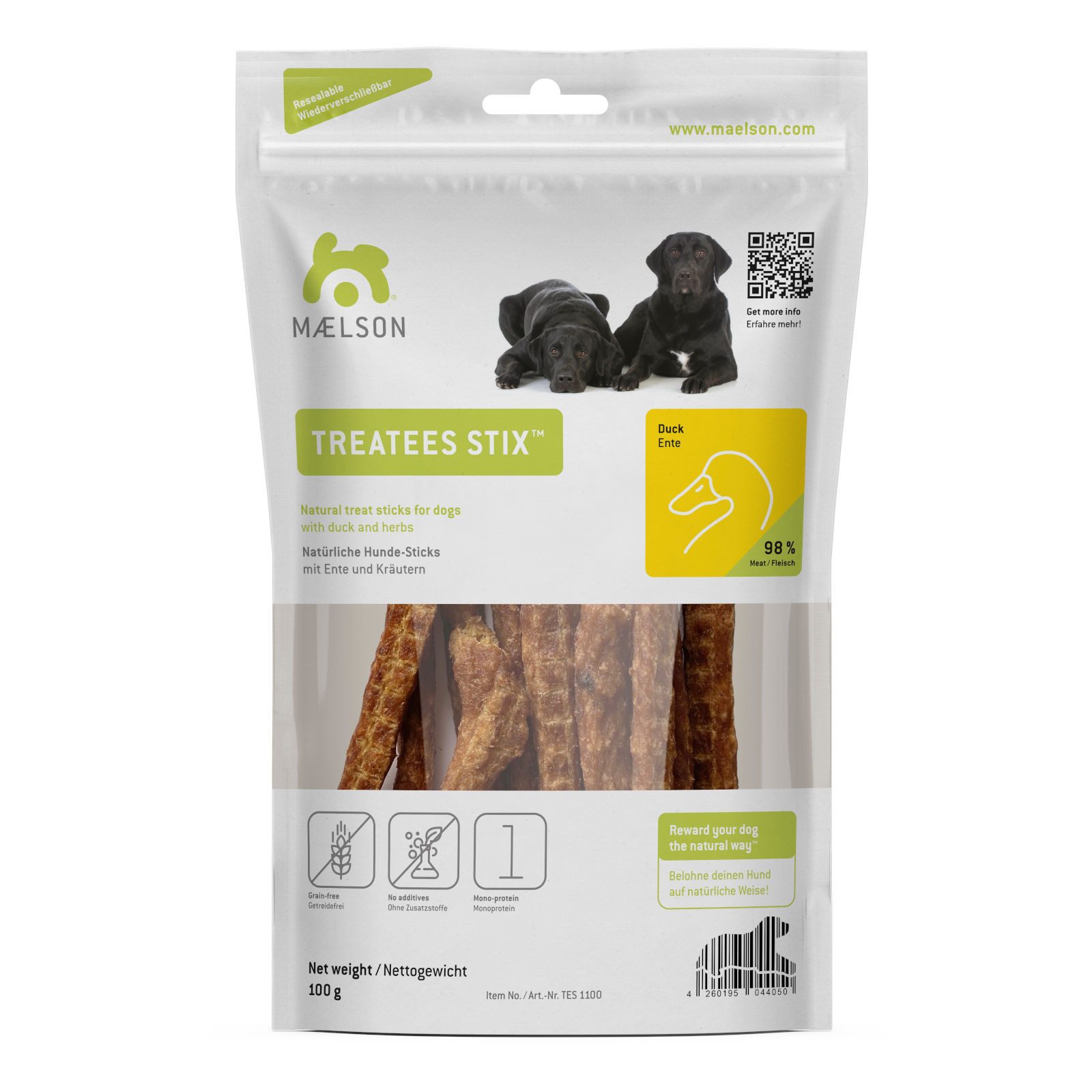 MAELSON Treatees Stix Ente Hundesnack, 100 g, die gesunde Belohnung!, Snack für: Hund