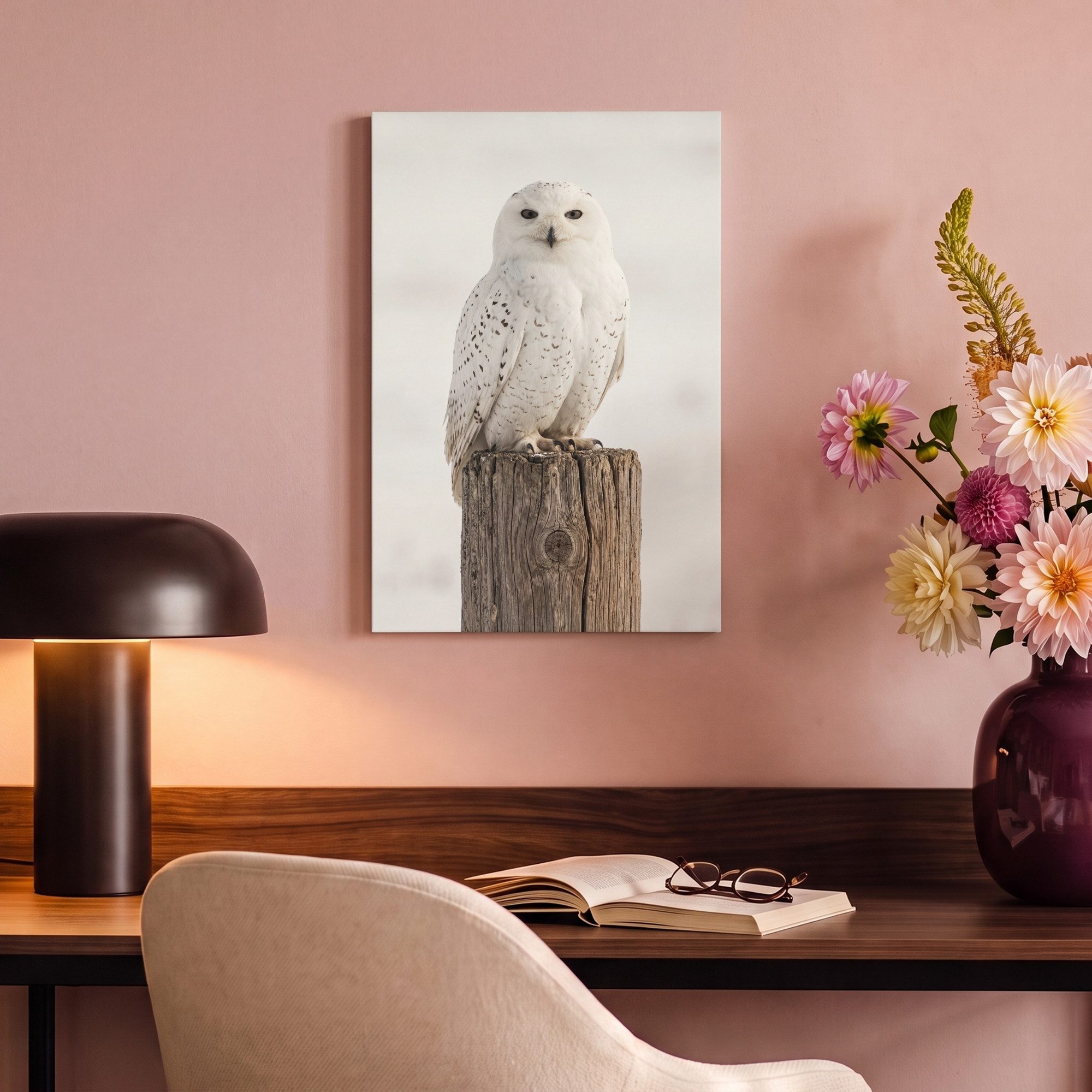 OneMillionCanvasses® Leinwandbild Schneeeule - Pfahl - Winter - Porträt - Majestätisch, Fotodruck (1 St), Leinwand Bilder Klein, Wand Dekoration Aesthetic 30x20 – Bild 4 von 5