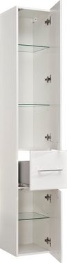 Saphir Hochschrank Quickset 376 Badschrank 30 cm breit, 2 Türen, 1 Schublade Badezimmer-Hochschrank, Weiß Hochglanz, Griffe in Chrom glänzend