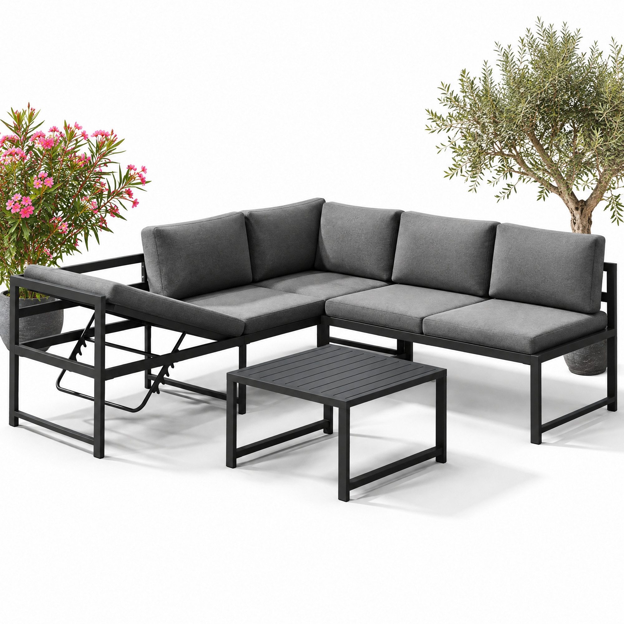 Melko Gartenlounge-Set Ecklounge mit Liegefunktion Aluminium Sitzgruppe wetterfest Grau, (Set, 3-tlg., 2 Sofa, 1 Tisch, 11 Auflagen), Liegefunktion durch verstellbare Rückenlehne