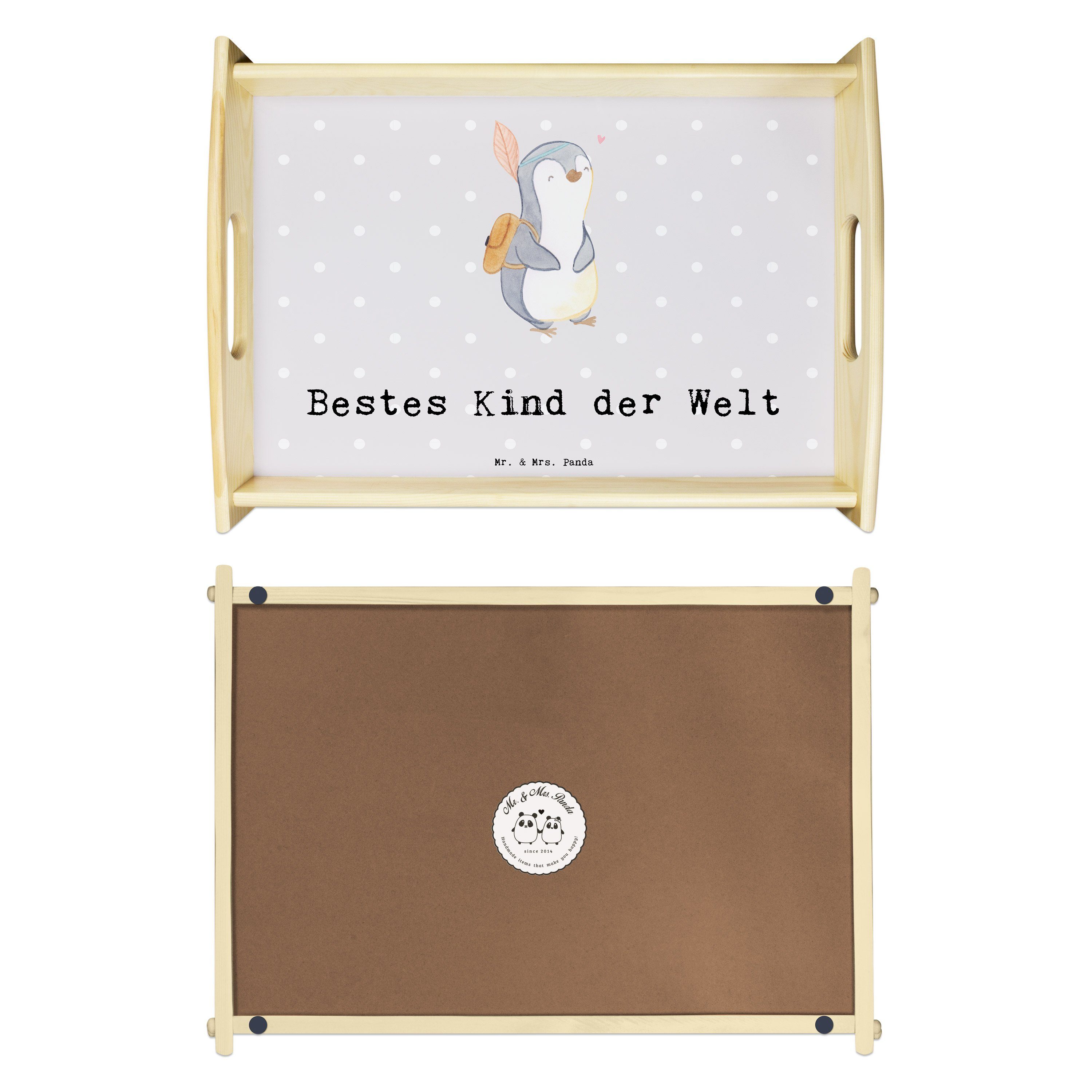 Mr. Welt (1-tlg) Kids, Tablett - Pinguin Mrs. der Panda Kiddy, - & Pastell lasiert, Geschenk, Kind Grau Bestes Echtholz