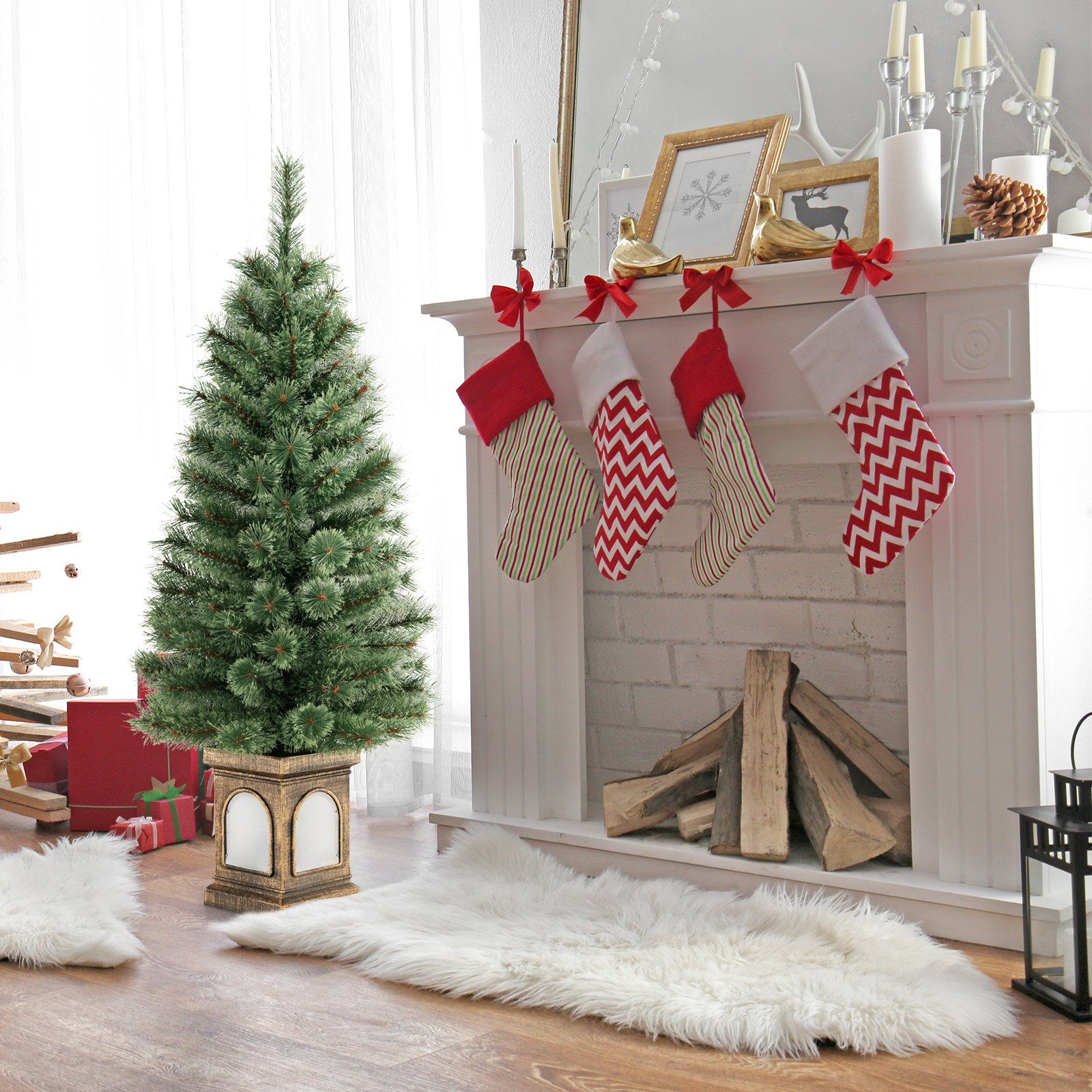 COSTWAY Künstlicher Weihnachtsbaum, 120cm im Topf, 116 Spitzen, 3 Lichtmodi