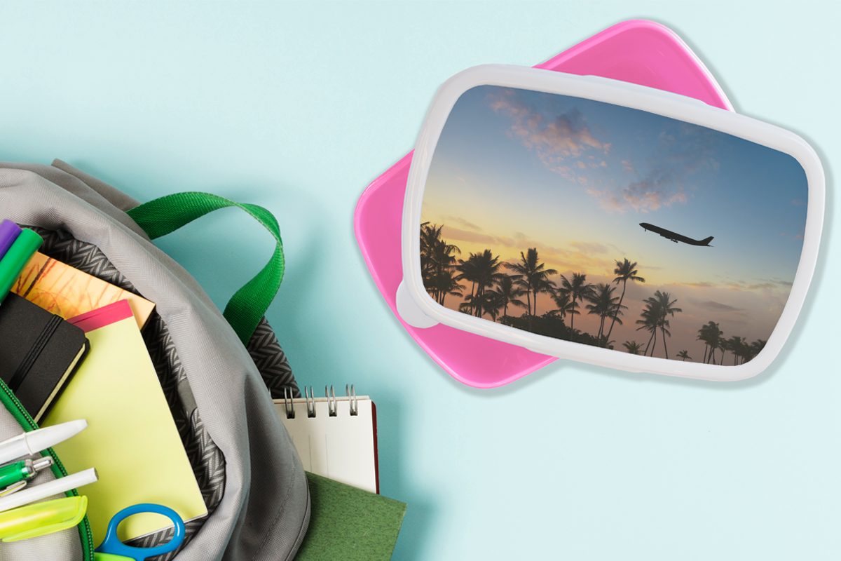 Erwachsene, rosa Kunststoff, Palmen, Silhouette eines Snackbox, Brotdose über (2-tlg), den Flugzeugs MuchoWow Kinder, Mädchen, Brotbox Lunchbox Kunststoff für