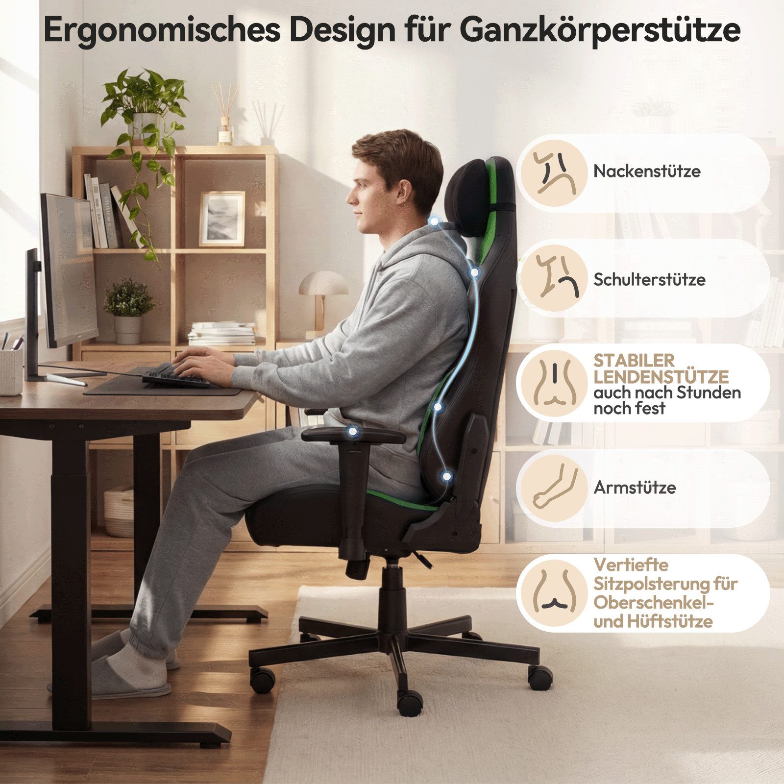 HOMALL Gaming-Stuhl gaming stuhl,mit verstellbarer Lendenstütze 6°-35°, 2D-Armlehnen,Rückenlehne 90°-135° verstellbar,150kg Belastbarkeit