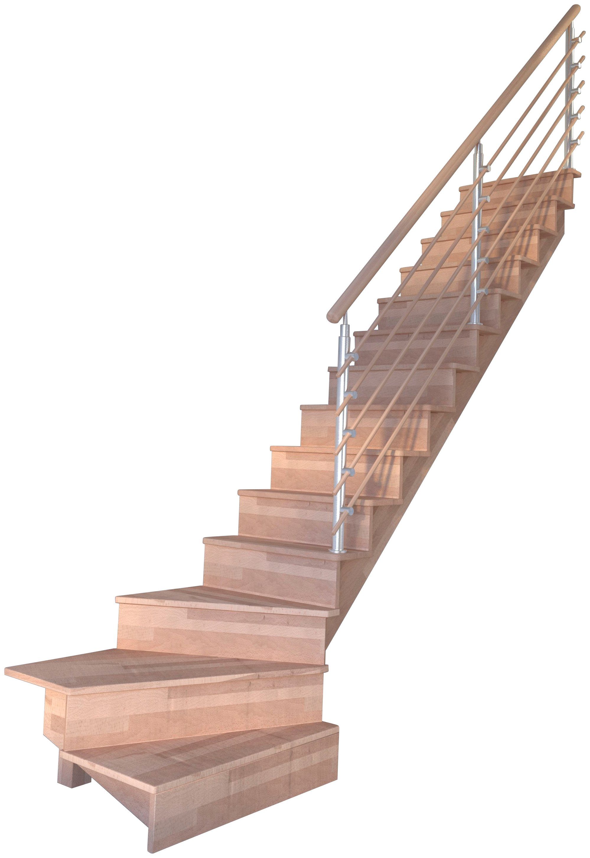 Starwood Systemtreppe Massivholz Lindos, Design-Geländer Holzrundstäbe, für Geschosshöhen bis 300 cm, Stufen geschlossen, gewendelt Rechts, Durchgehende Wangenteile