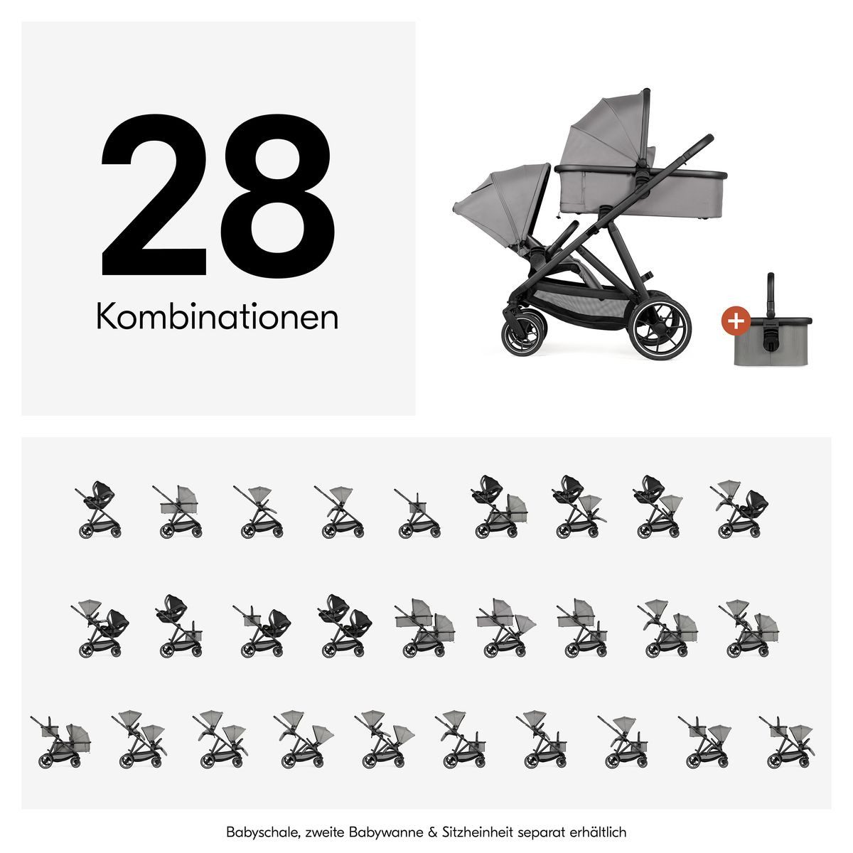 Hauck Kombi-Kinderwagen Grow N Care Set - Dark Grey, Geschwisterwagen Zwillingswagen ab Geburt mit Babywanne & Sportsitz – Bild 3 von 5