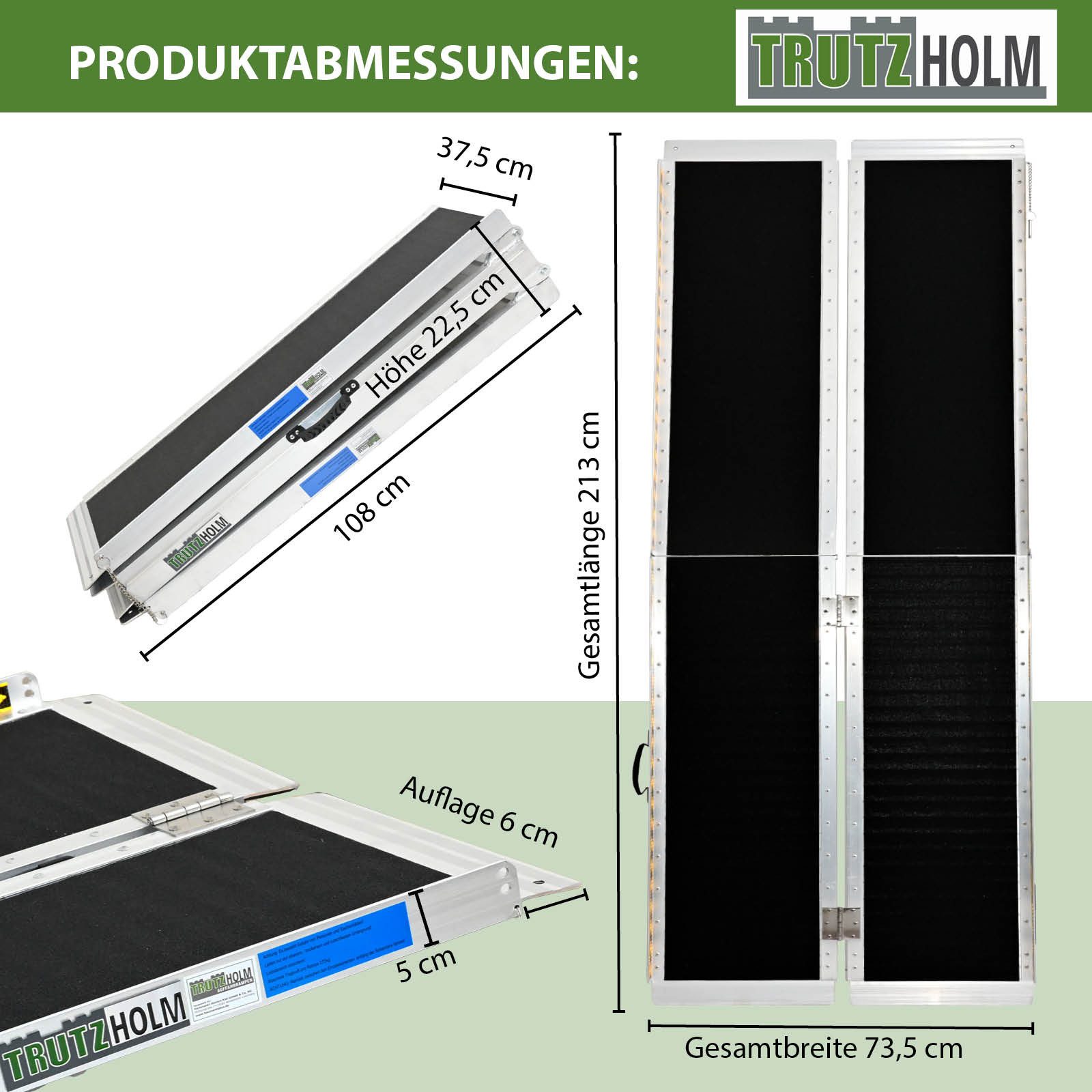 TRUTZHOLM Auffahrrampe 2-fach klappbar Länge 213 cm Traglast 272 kg Aluminium Rollstuhlrampe (Stück, 1-St), schwarz beschichtet