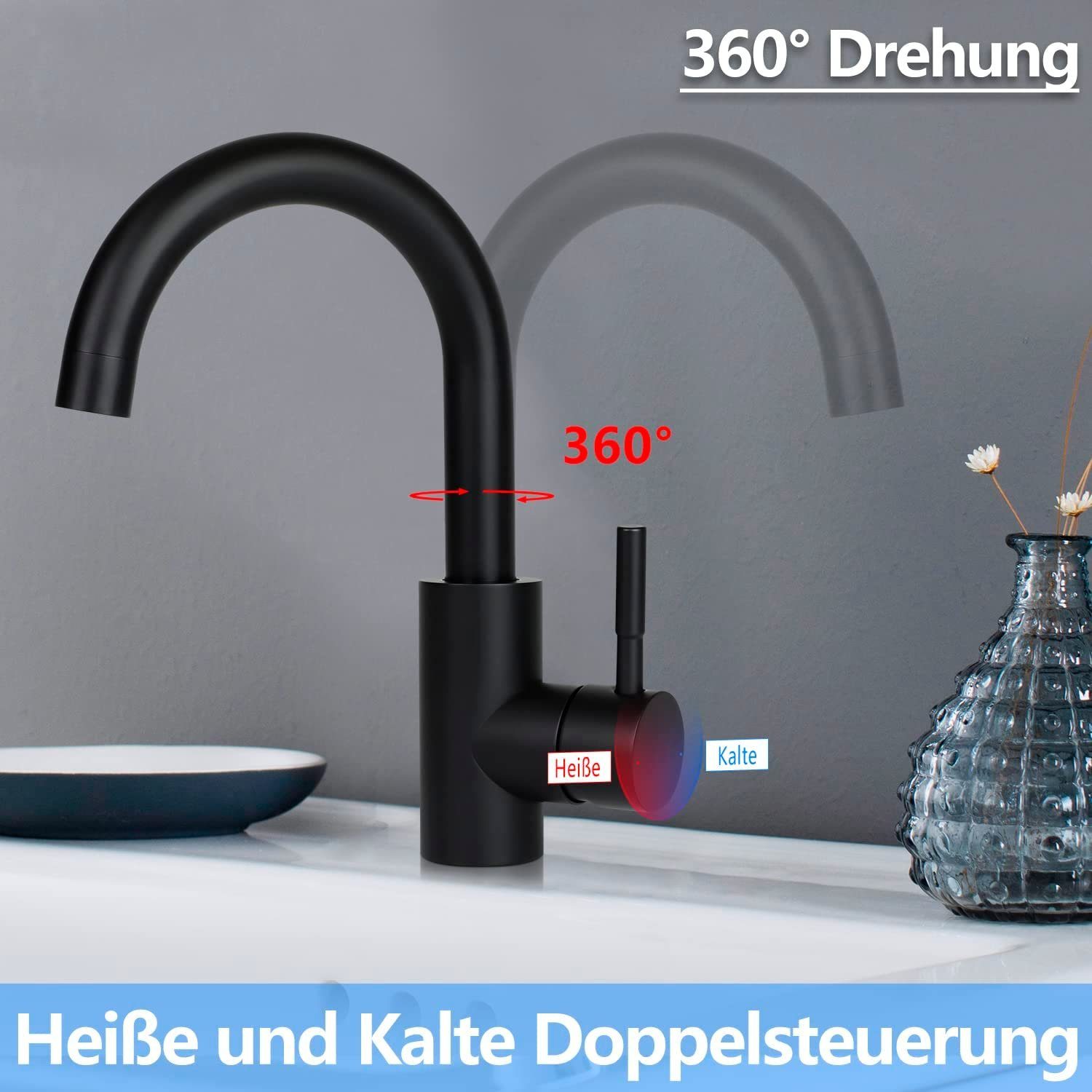 schwarz Wasserhahn Bad Nettlife Badarmatur Niederdruck für (1-St., Edelstahl Badezimmer 360°Drehbar Mischbatterie) Küchenarmatur Waschtischarmatur