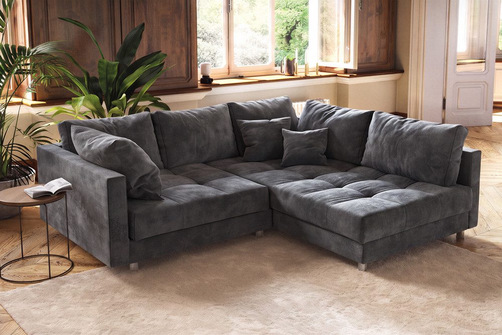riess-ambiente Ecksofa KENT 220cm grau - Samt, Federkern, Ottomane beidseitig, Rundumbezug, Einzelartikel 1 Teile, Wohnzimmer · Microvelours · L-Form · Ottomane beidseitig · Design