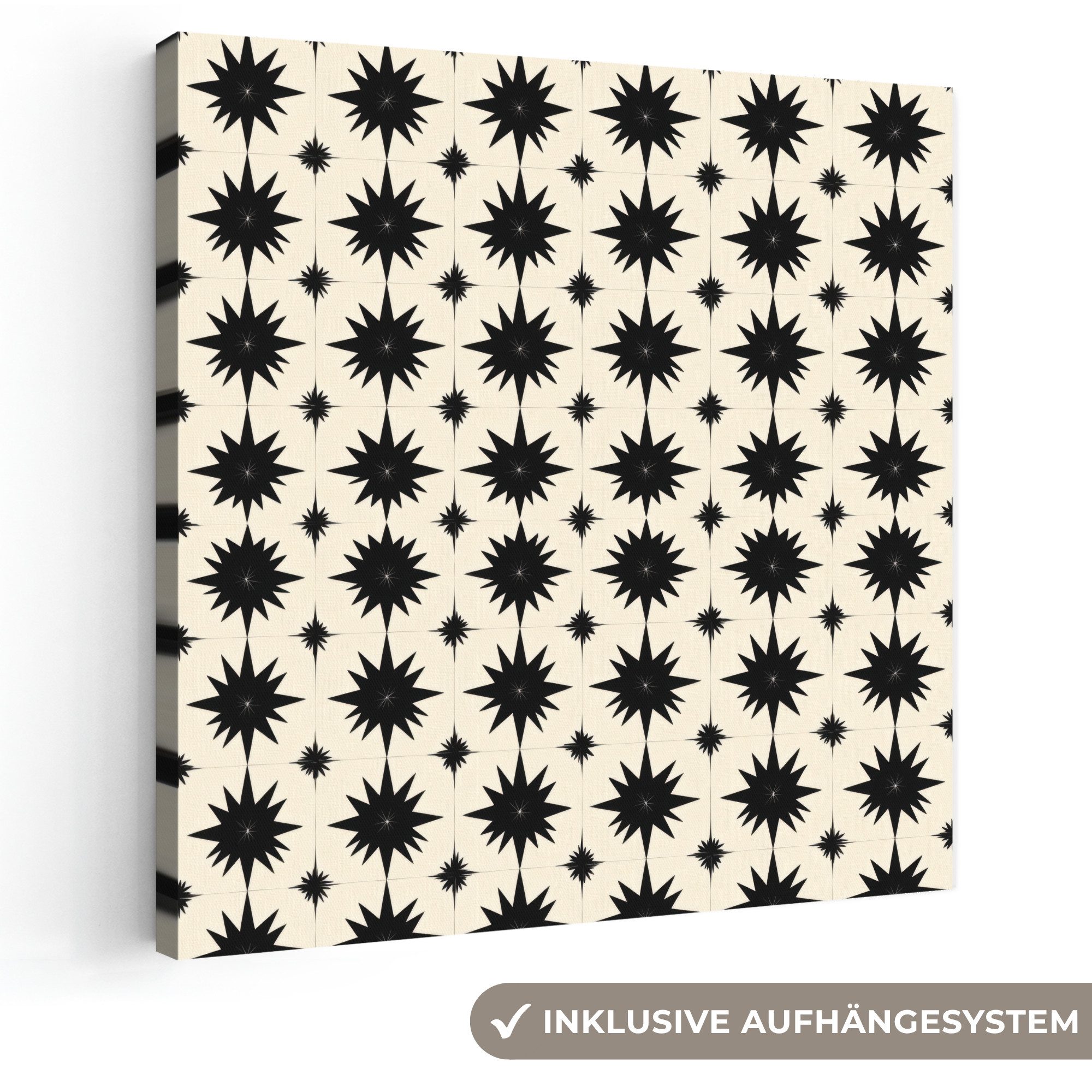 OneMillionCanvasses® Leinwandbild Sternformen - Geometrisch - Schwarz, Fotodruck (1 St), Wandbild, Deko Schlafzimmer Wohnzimmer Flur 20x20 cm