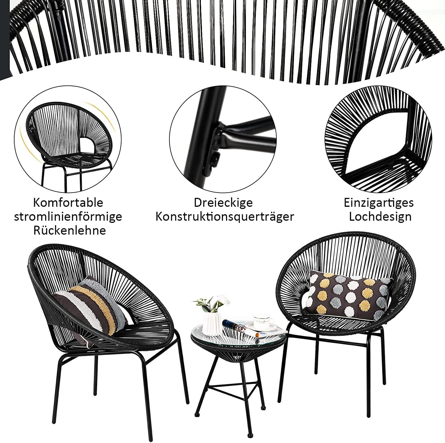 Set Sitzgruppe Lounge Gartenmöbel, (3 TLG), Rattan Schwarz KOMFOTTEU