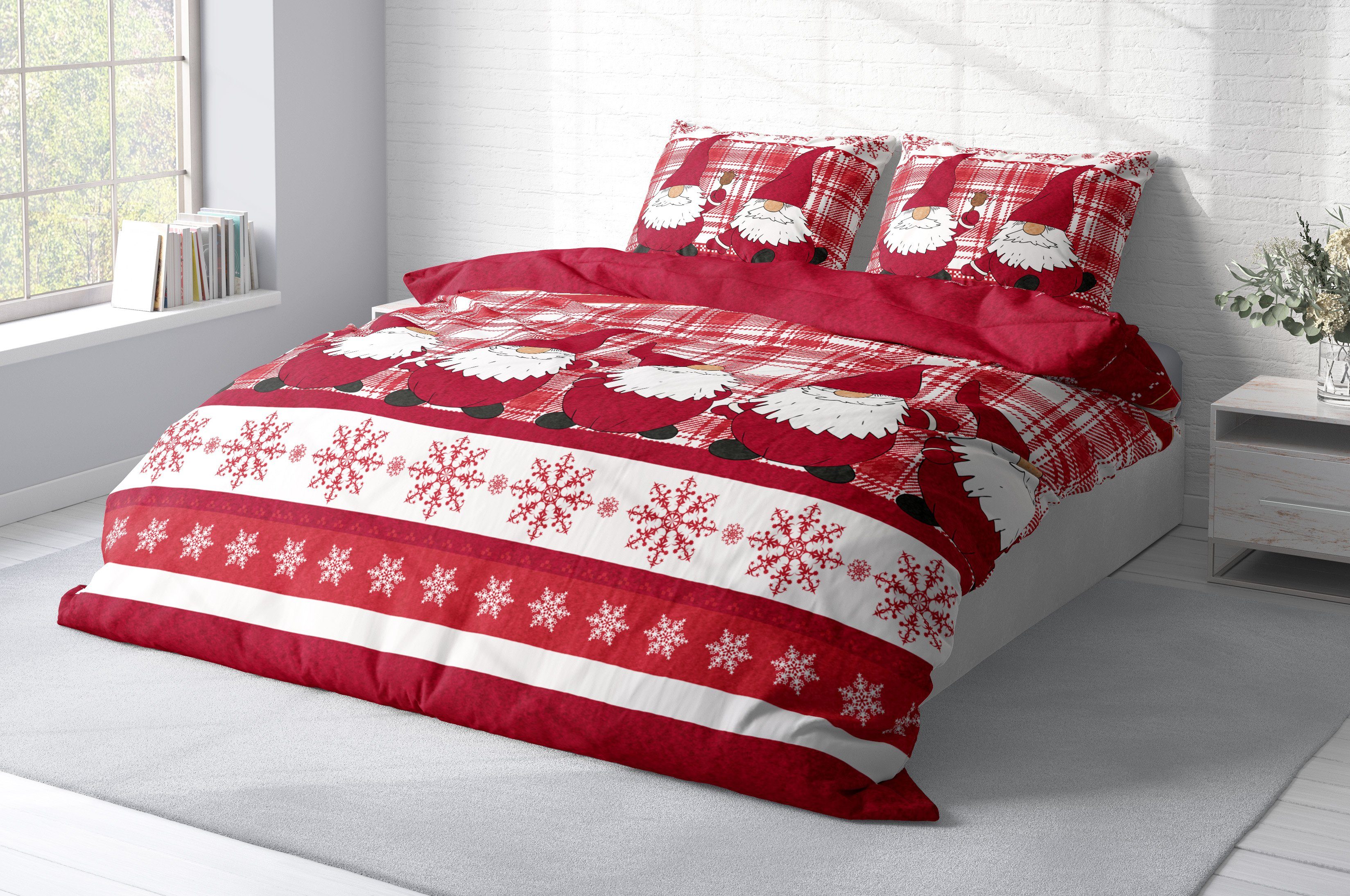 One Home Bettwäsche Wichtel Weihnachten Weihnachtsbettwäsche, Fleece, 3 teilig, Christmas kariert, kuschelig flauschig warm weich Winter Doppelbett