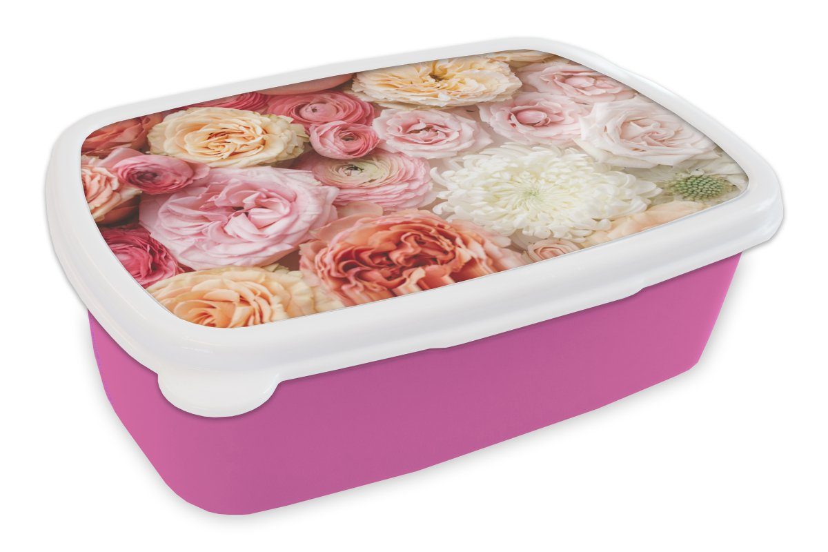 MuchoWow Lunchbox Blumen - Rosen - Rosa, Kunststoff, (2-tlg), Brotbox für Erwachsene, Brotdose Kinder, Snackbox, Mädchen, Kunststoff