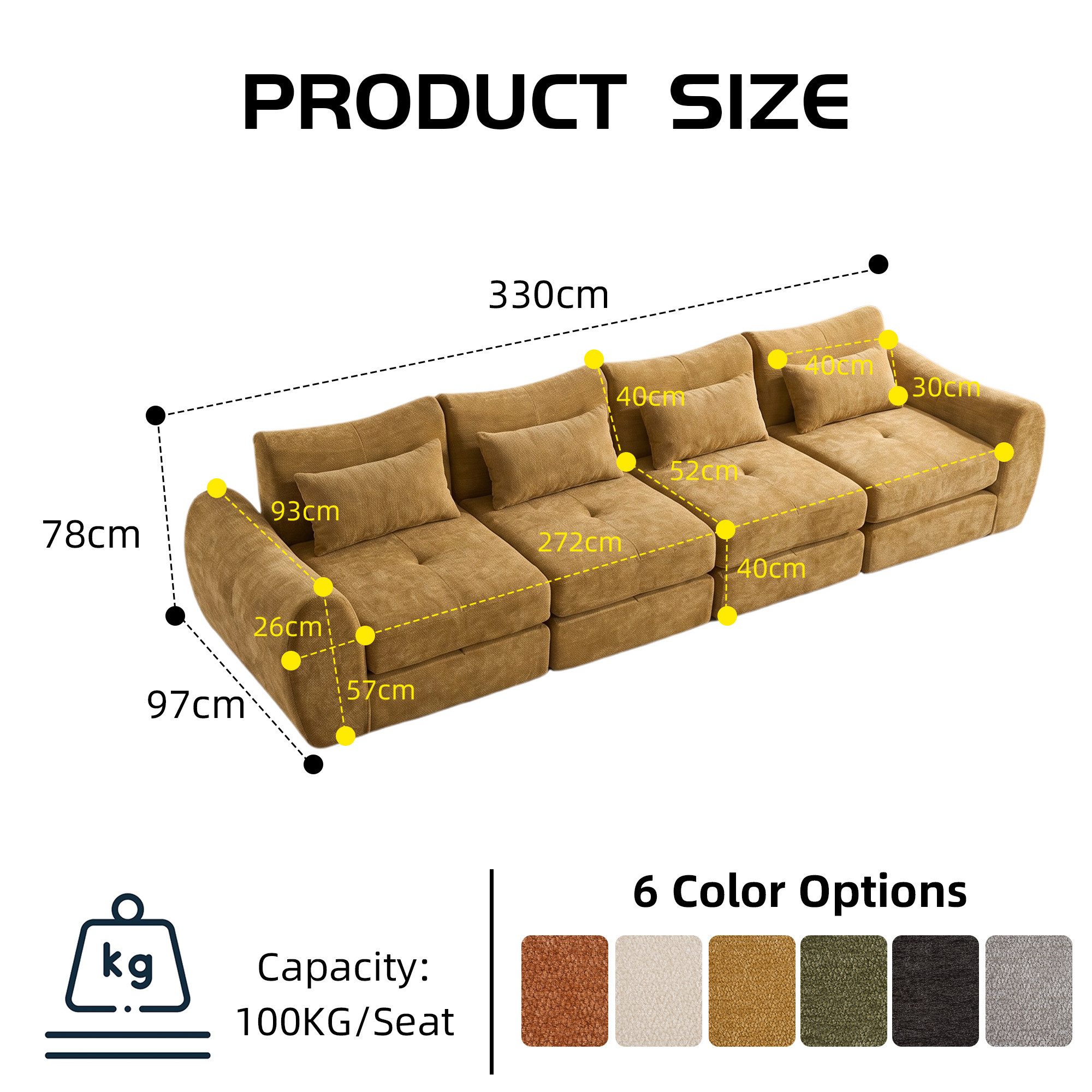 Vankel 4-Sitzer Sofas Wohnzimmer modulares 4-Sitzer Cord Sofa groß flexibel, Modulares Schlafsofa ohne Montage, frei kombinierbar & rutschfest