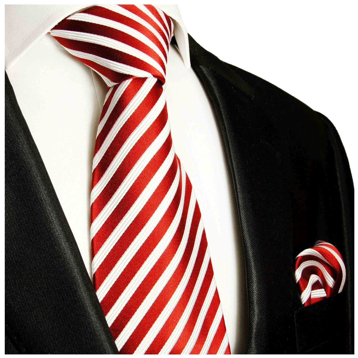rot mit (Set, Paul Herren gestreift (8cm), Tuch Krawatte Krawatte weiß 852 Malone Einstecktuch) Moderne 100% und Breit Seidenkrawatte 2-St., Seide