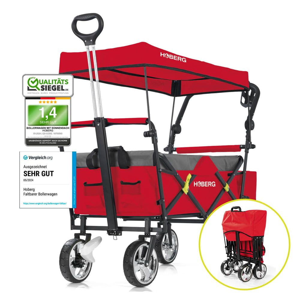 Hoberg Bollerwagen inkl. Dach Getränkehalte & Tasche, inkl. Kühltasche Transportkarre 80kg faltbar