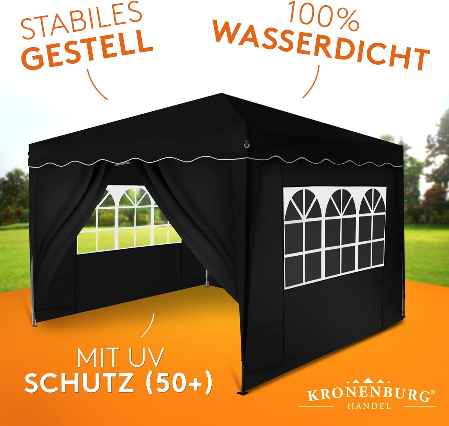 Kronenburg Faltpavillon 3x3 m wasserdicht - Gartenpavillon, Partyzelt stabil, UV-Schutz 50+, mit 4 Seitenteilen, Wetterfester Schutz, Leichter Aufbau, Inklusive – Bild 4 von 5