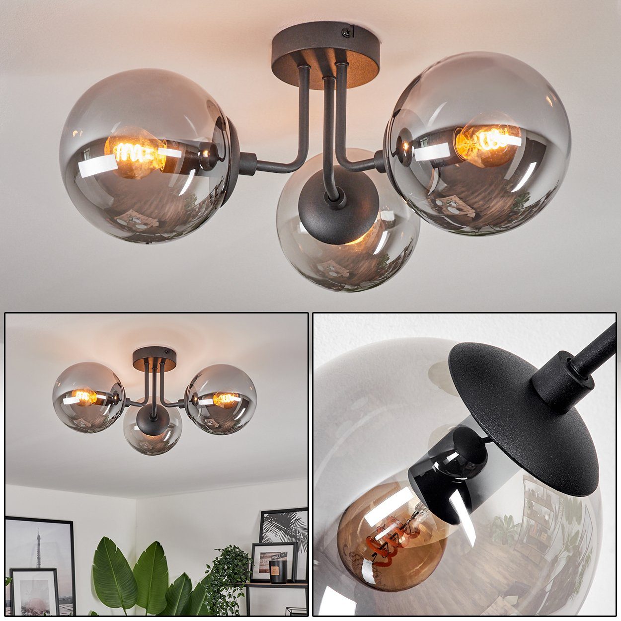 hofstein Deckenleuchte moderne Deckenlampe aus Metall/Glas in Schwarz/Rauchfarben,  ohne Leuchtmittel, im modernen Design, Glasschrime (15cm), 3x E27, ohne  Leuchtmittel