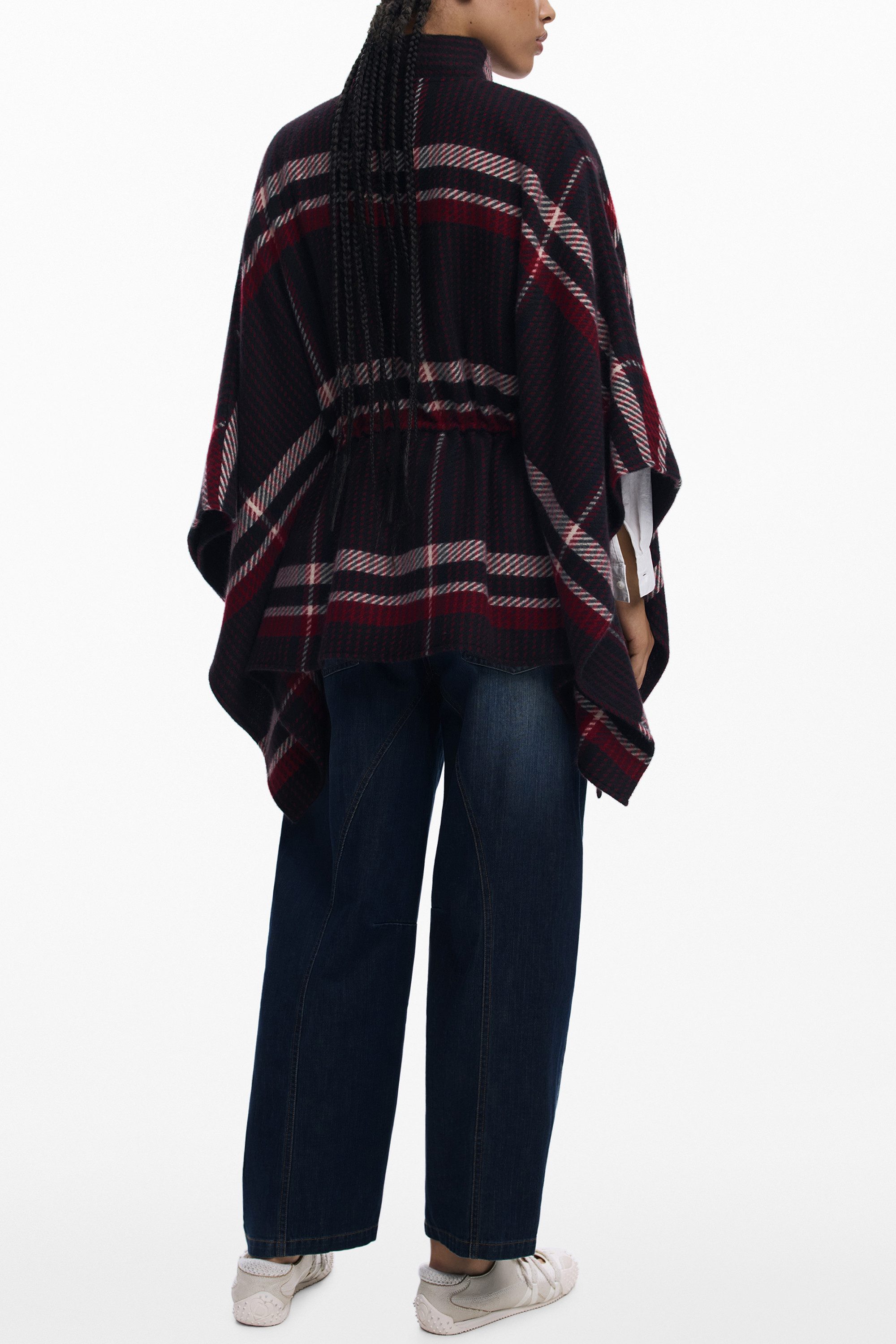 Desigual Strickpullover Poncho Damen Schwarz mit Karos & Kontrastdetails - Mit Reißverschluss