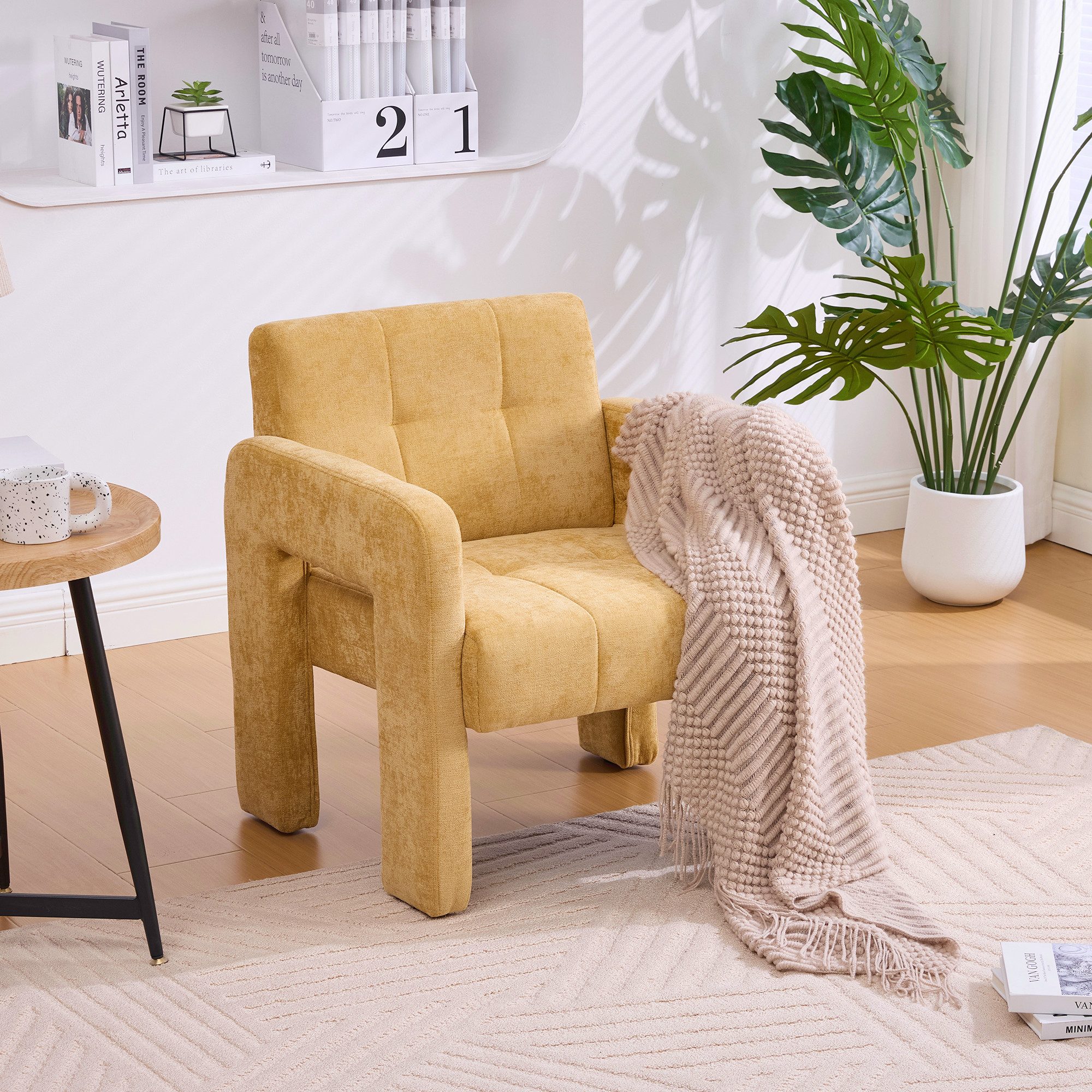 KLAM HOME Sessel Moderner minimalistischer Sessel mit Polster (Bequemer Chenille Sessel mit Armlehnen), Skandinavischer Wohnzimmer Sessel für Entspannung und Komfort