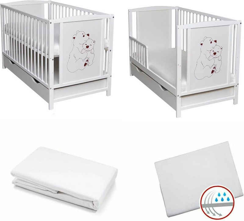 Dedstore-Baby Kinderbett mit Matratze 120x60cm Komplett Set Weiß Bär Spannbettlaken (Spar-Set, Komplett Set), inkl. Schublade, Laken, umbauteil zum Juniorbett