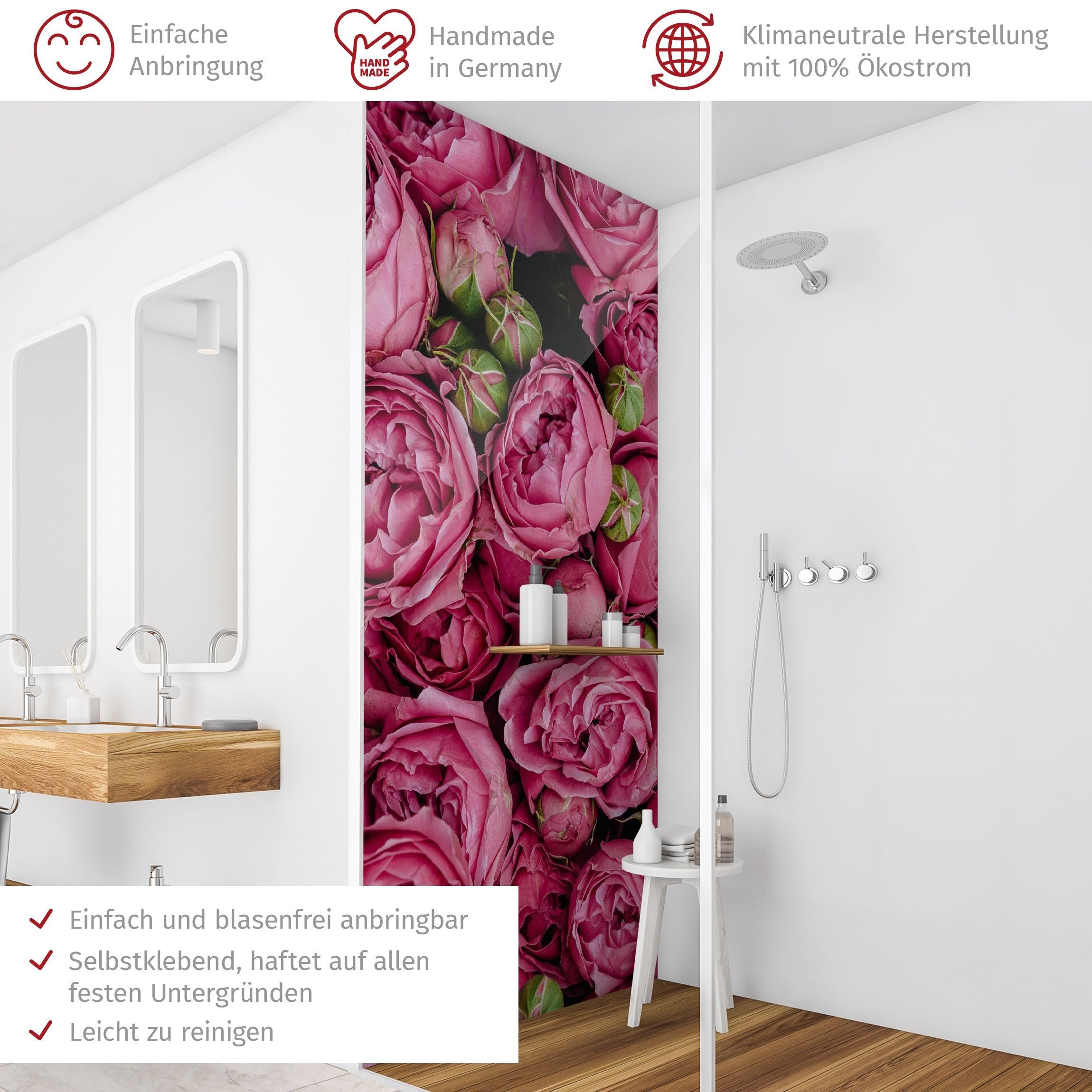 Thumbnail - Bilderdepot24 Badrückwand Blumen pink Duschrückwand ohne Bohren Dusche Fliesenersatz, (1-tlg., Hart-Folie Premium matt 0...