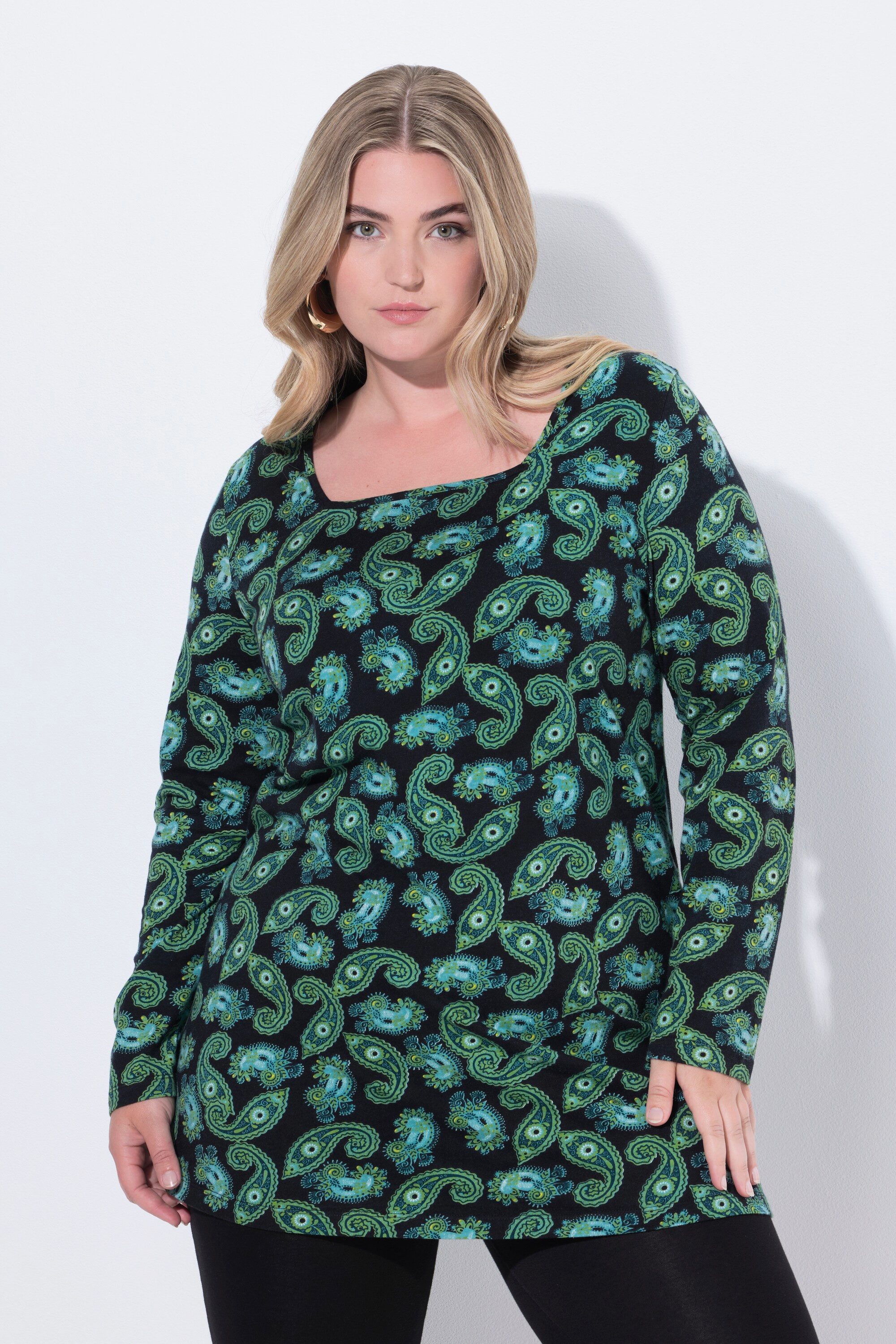 Ulla Popken Longshirt Longshirt Paisley A-Linie Carré-Ausschnitt Langarm