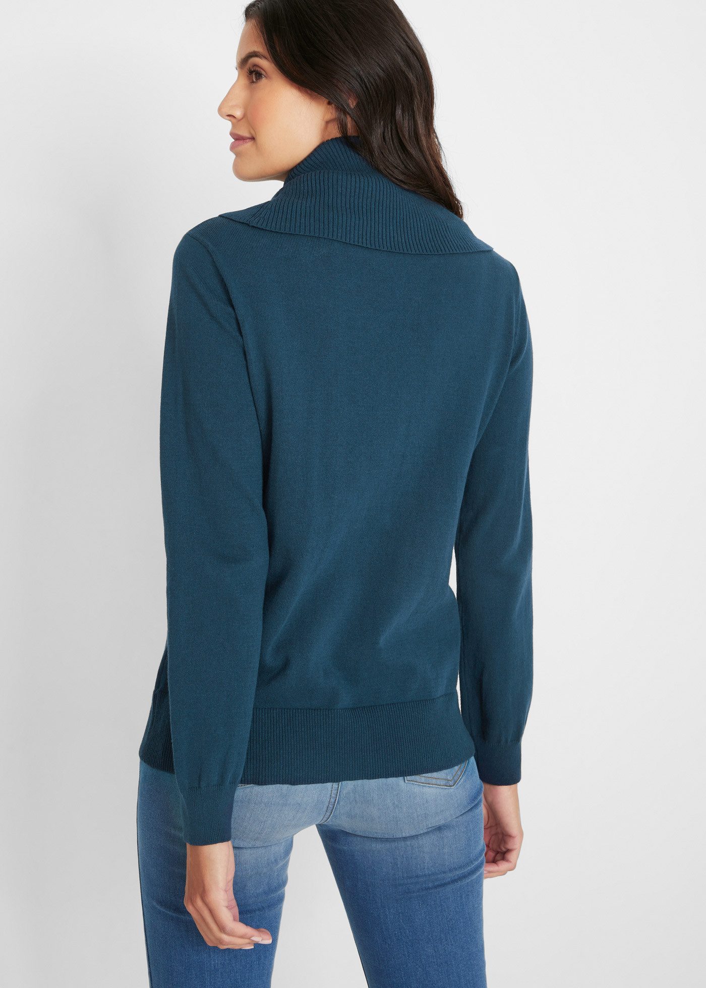 bonprix Strickpullover aus Baumwollmischung, weiter Rollkragen, mit kleinen Leder-Details