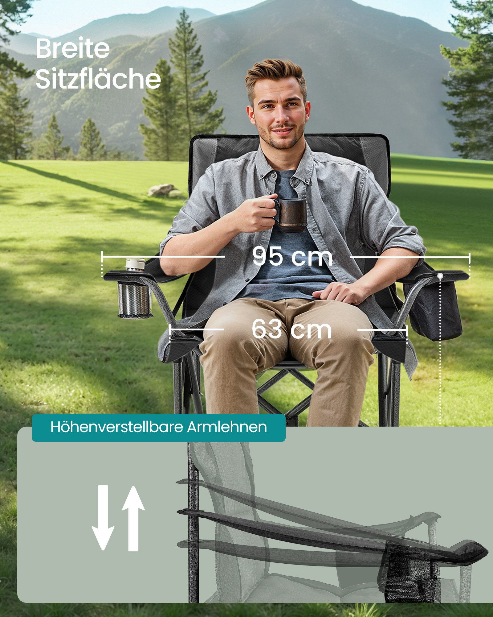 SONGMICS Campingstuhl Klappstuhl, mit Getränkehalter, Angelstuhl, Polsterung, bis 205 kg